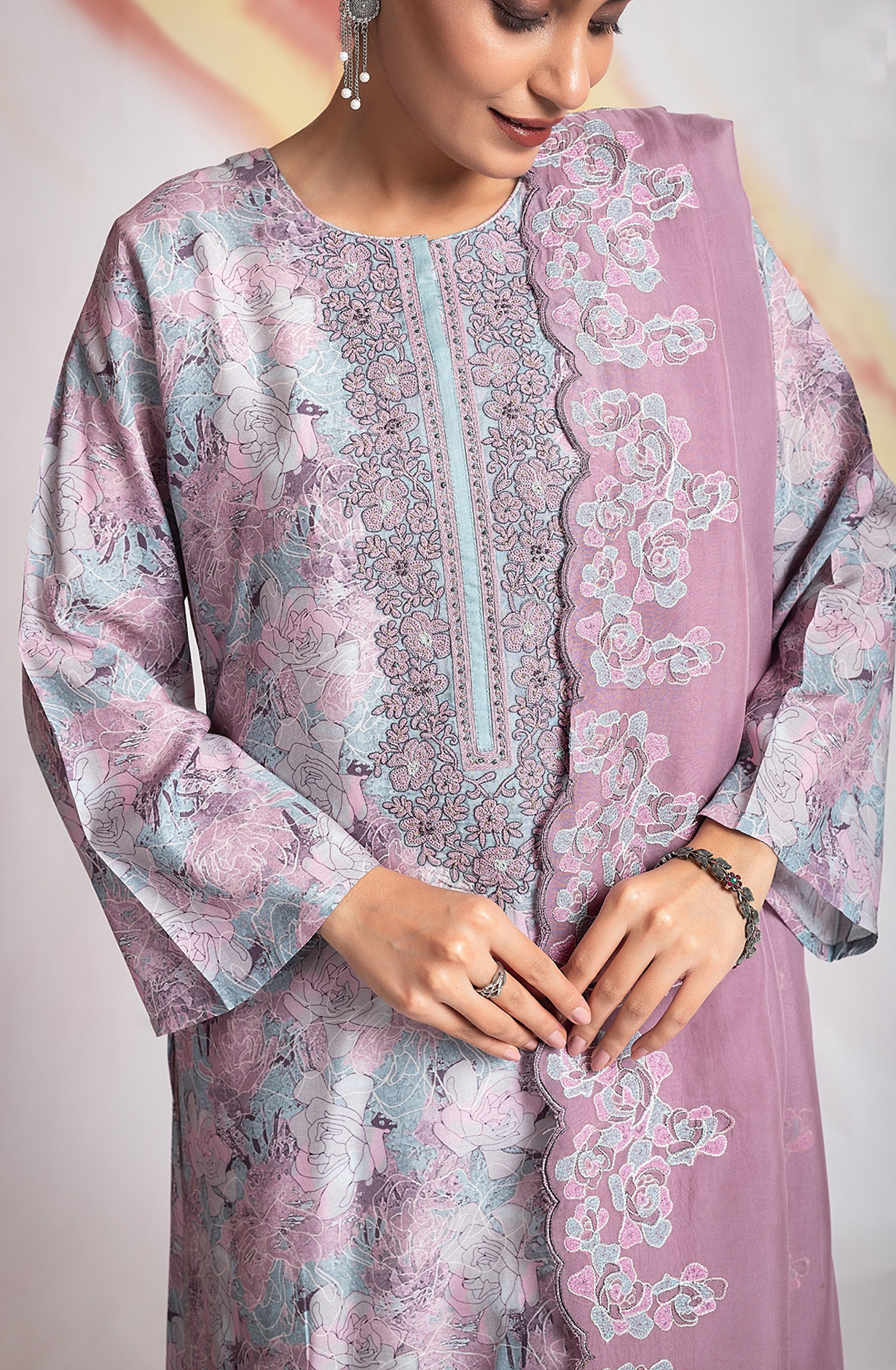 Grey and Mauve Beautiful Muslin Festive Salwar Kameez with Organza Dupatta - R157-SPR1950