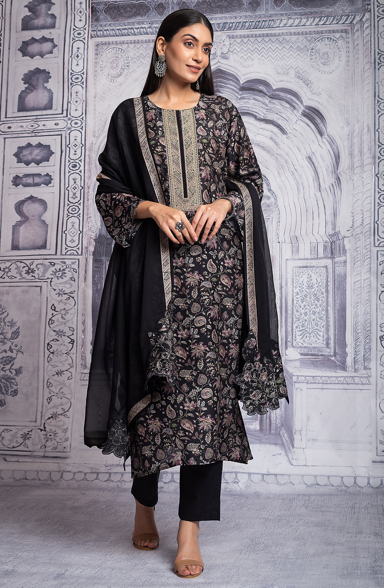 Black Designer Muslin Digital Printed Salwar Kameez with Organza Dupatta - R157-SPR1952