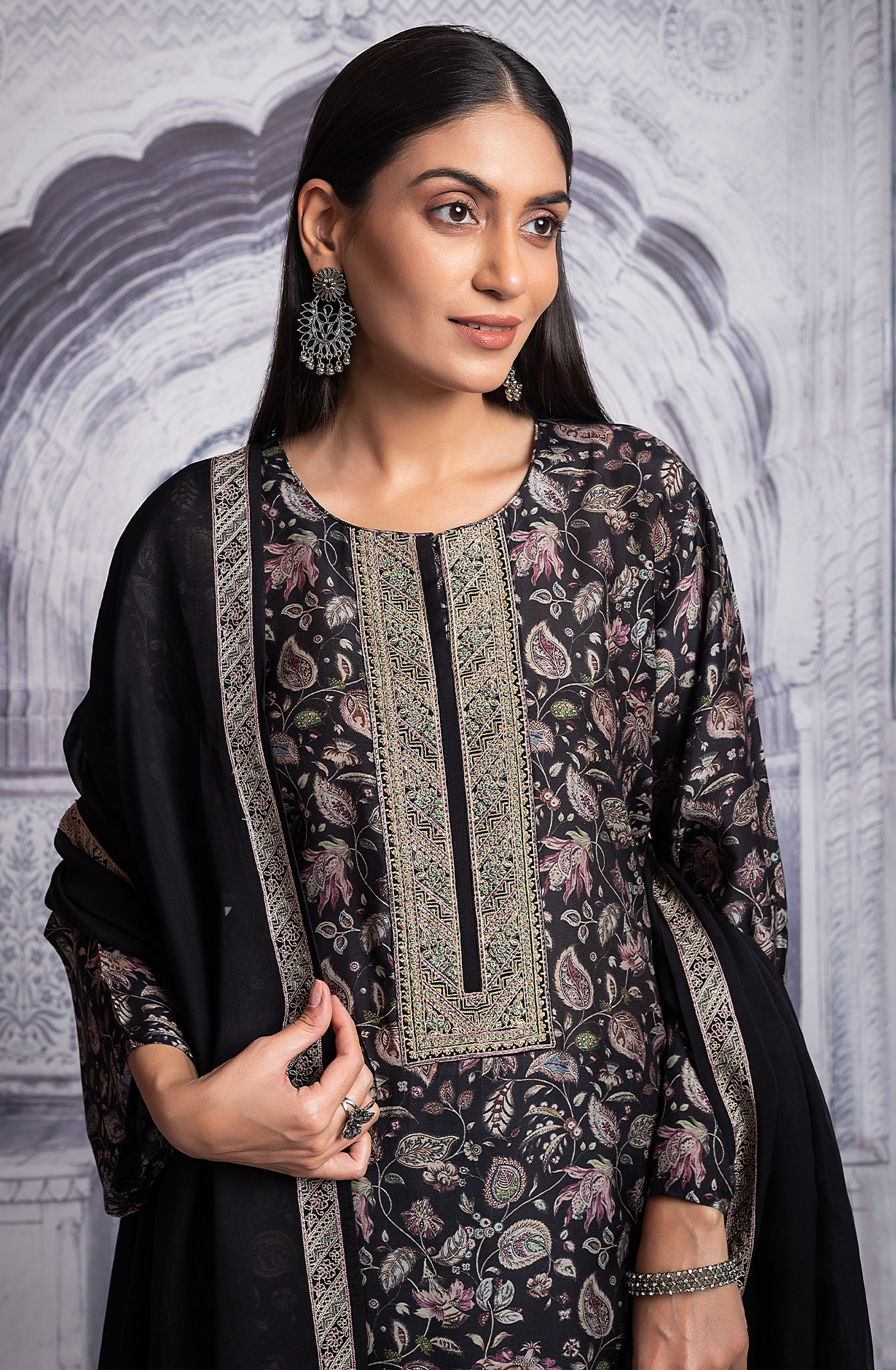 Black Designer Muslin Digital Printed Salwar Kameez with Organza Dupatta - R157-SPR1952