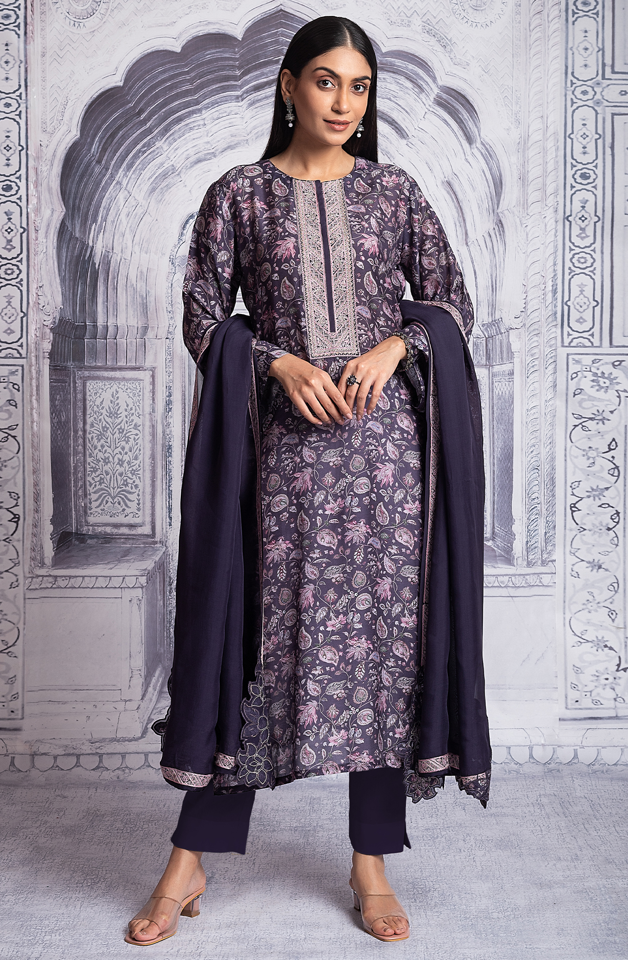 Purple Designer Muslin Digital Printed Salwar Kameez with Organza Dupatta - R157-SPR1952A