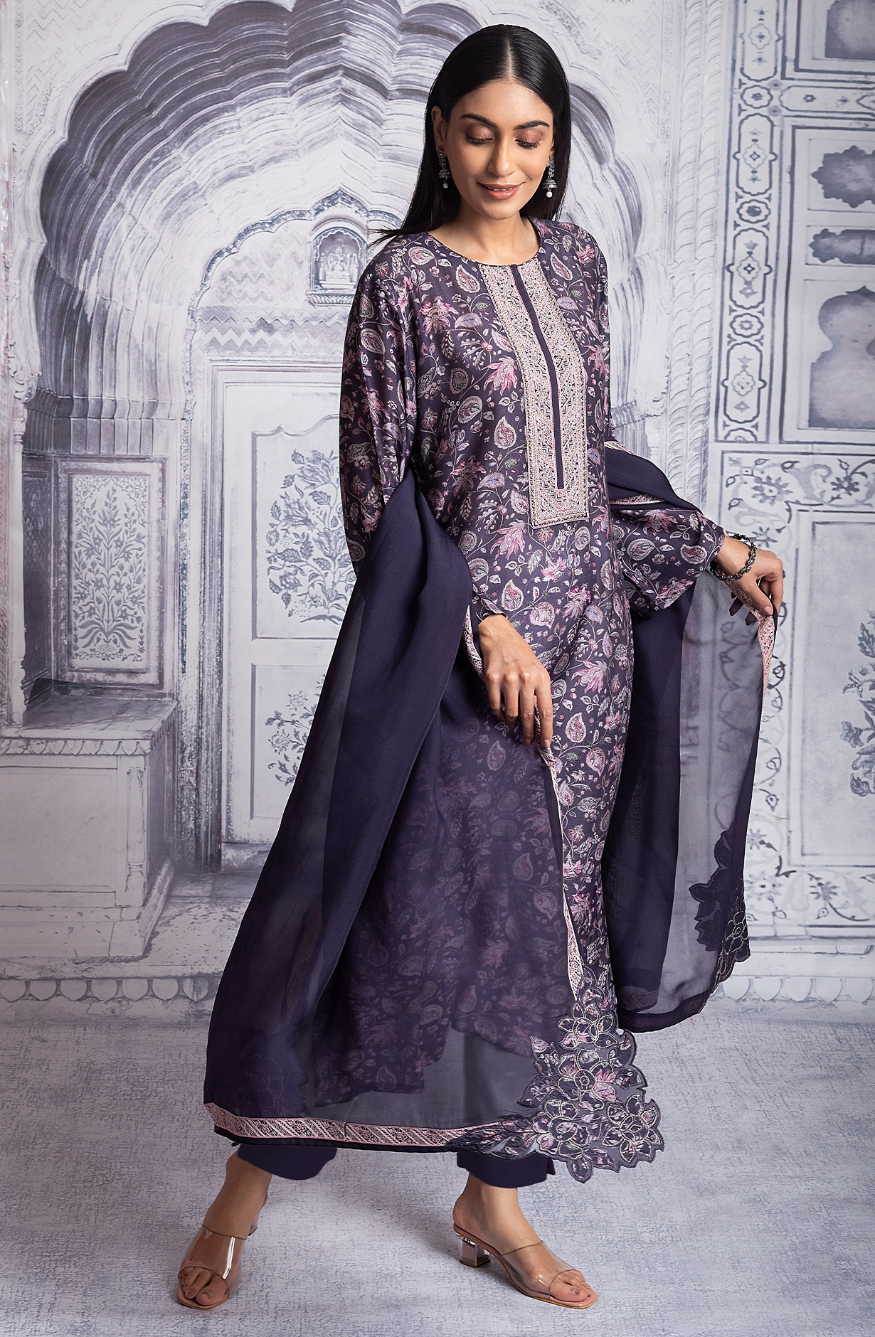 Purple Designer Muslin Digital Printed Salwar Kameez with Organza Dupatta - R157-SPR1952A