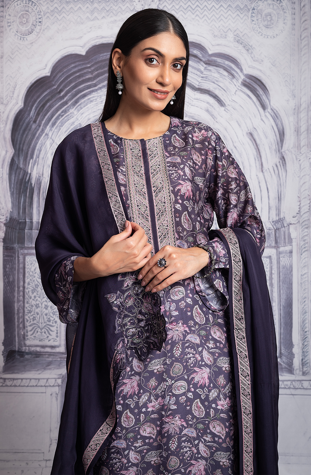 Purple Designer Muslin Digital Printed Salwar Kameez with Organza Dupatta - R157-SPR1952A