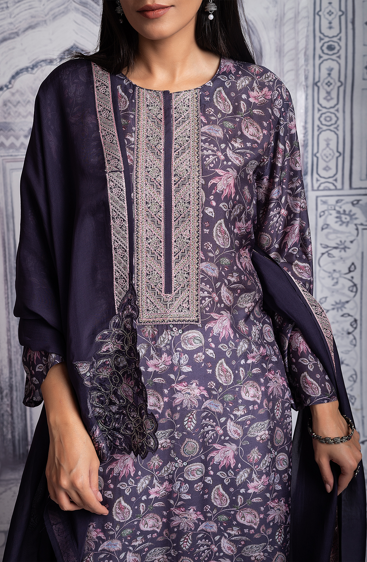 Purple Designer Muslin Digital Printed Salwar Kameez with Organza Dupatta - R157-SPR1952A