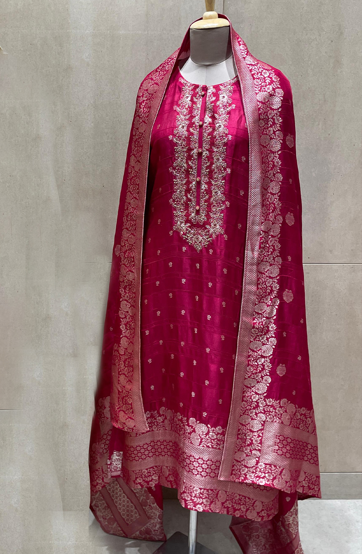 Rani Pink Festive Special Silk Jacquard Suit-set with Banarasi Silk Dupatta - R157-SPR1958