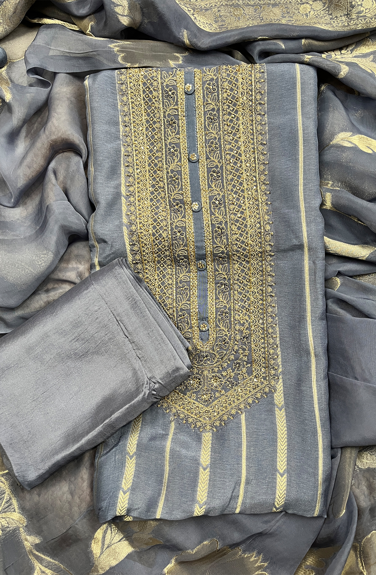 Grey Designer Silk Jacquard Salwar Suit with Organza Dupatta - R157-SPR1976