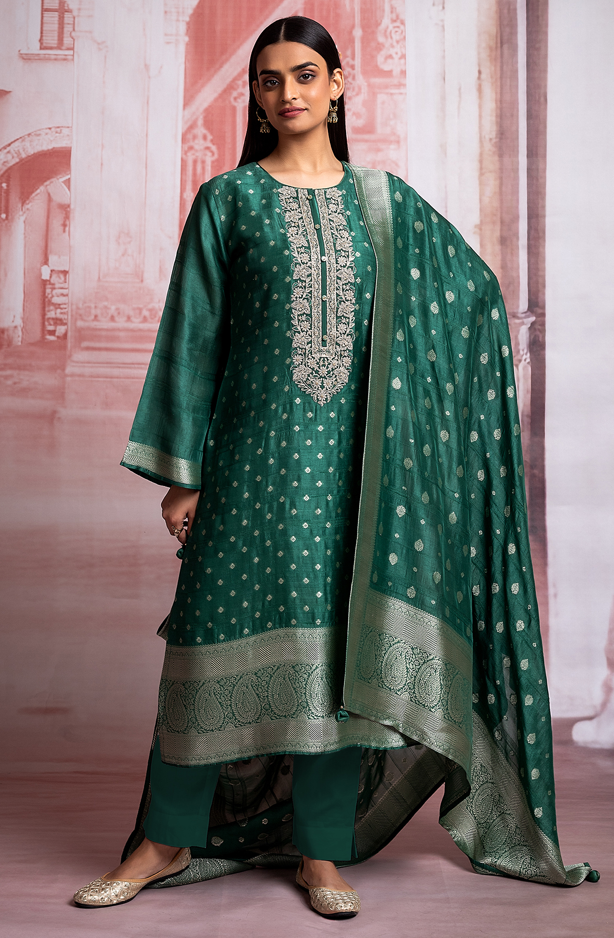 Bottle Green Festive Special Silk Jacquard Suit-set with Banarasi Silk Dupatta - R157-SPR1977A