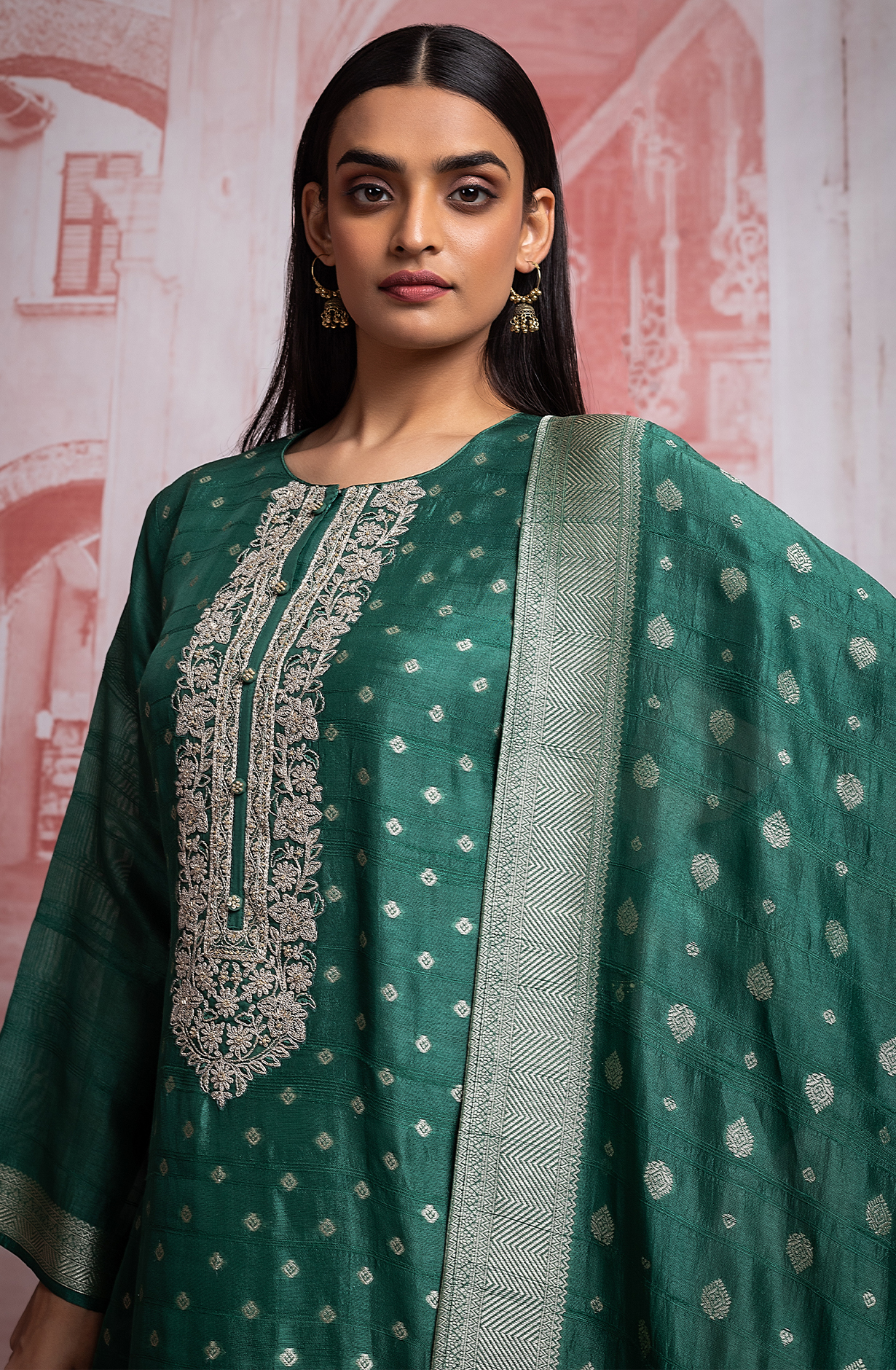 Bottle Green Festive Special Silk Jacquard Suit-set with Banarasi Silk Dupatta - R157-SPR1977A