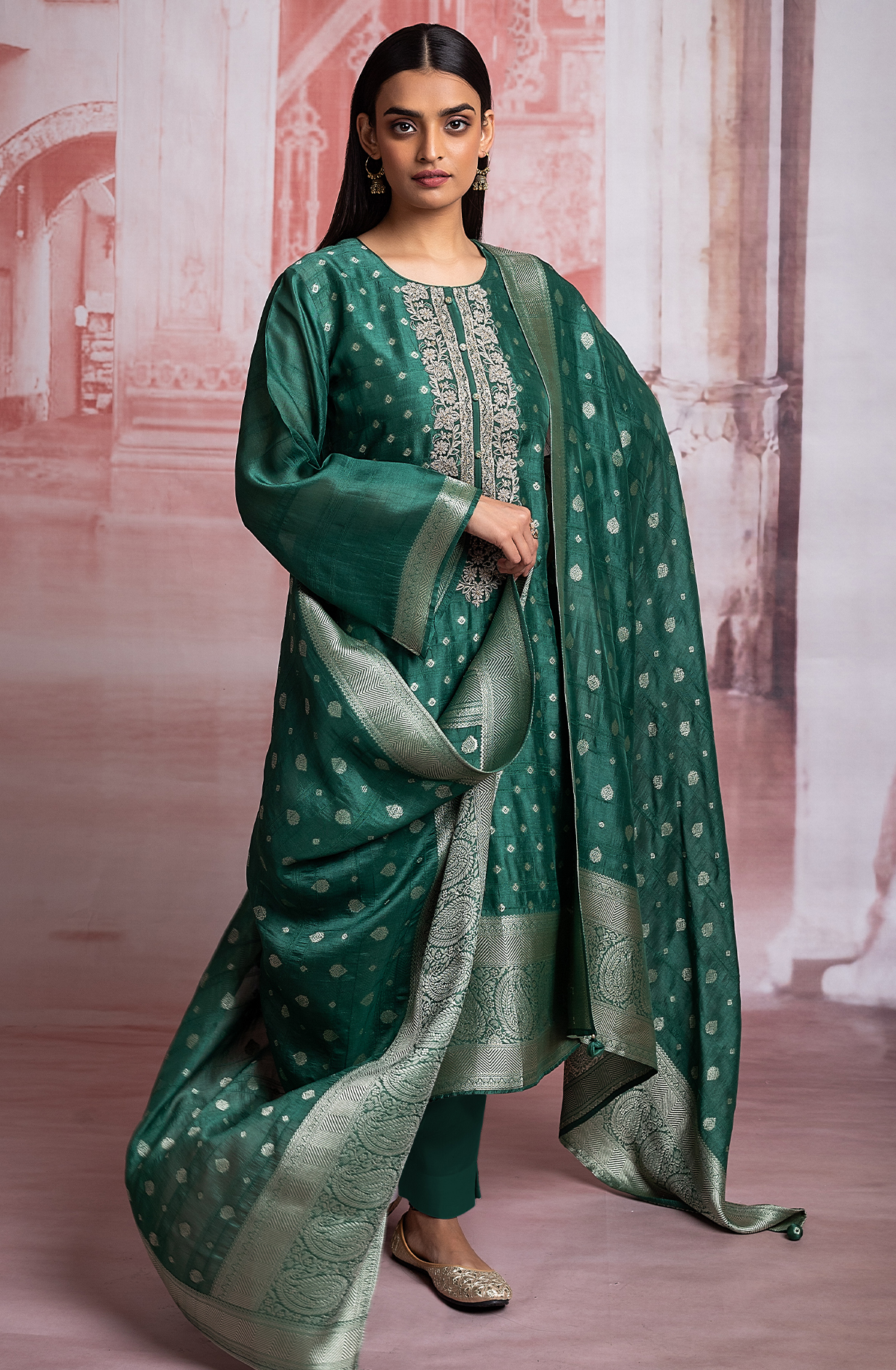Bottle Green Festive Special Silk Jacquard Suit-set with Banarasi Silk Dupatta - R157-SPR1977A