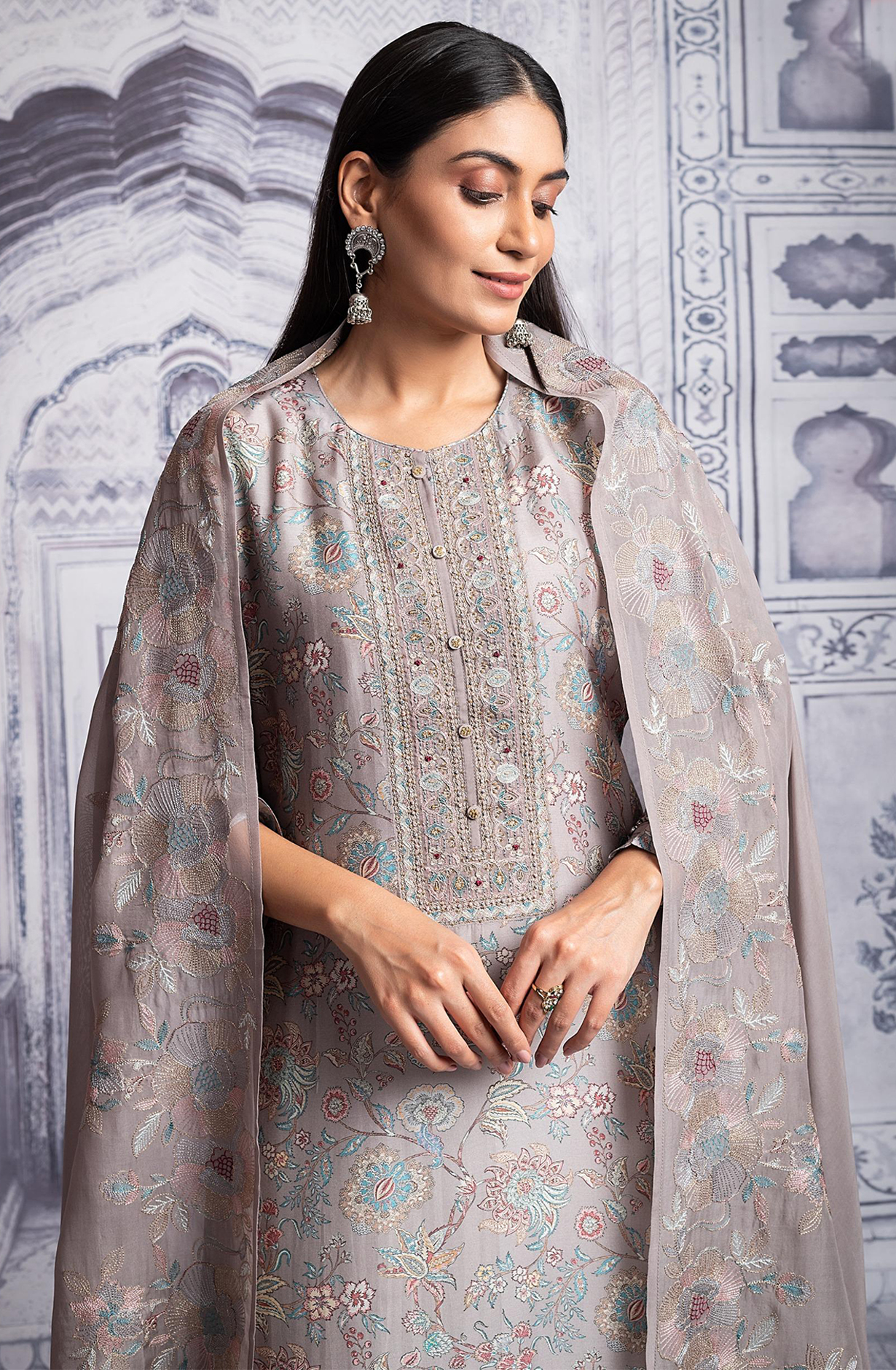 Grey Muslin Printed with Embroidered Unstitched Salwar Kameez - R157-SPR1980