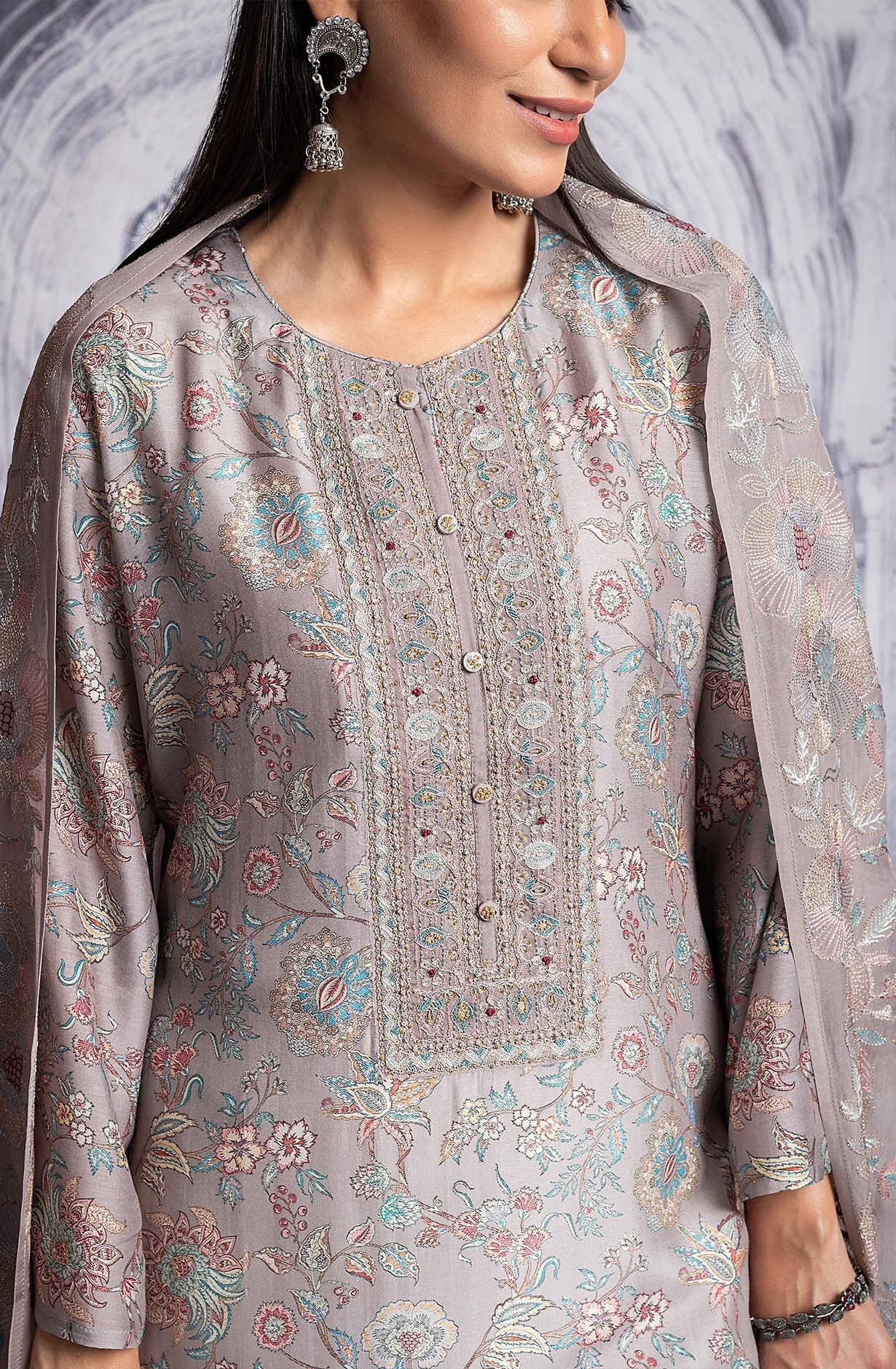 Grey Muslin Printed with Embroidered Unstitched Salwar Kameez - R157-SPR1980