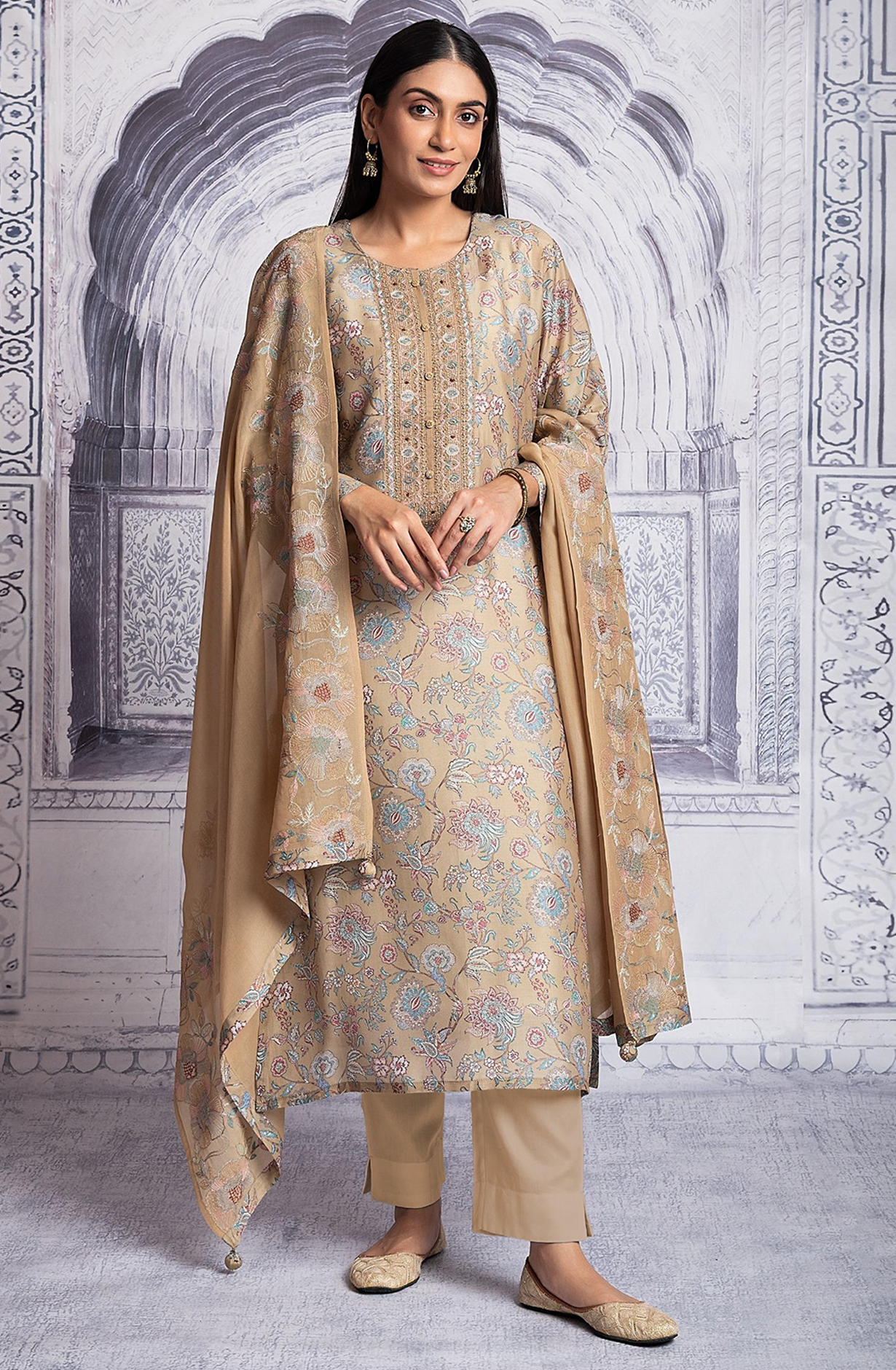 Beige Muslin Printed with Embroidered Unstitched Salwar Kameez - R157-SPR1980A