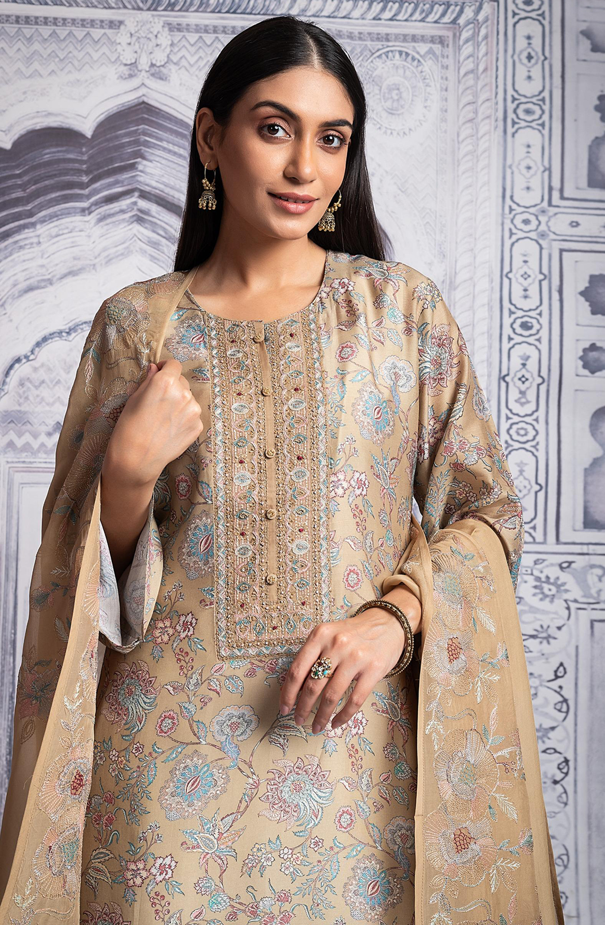 Beige Muslin Printed with Embroidered Unstitched Salwar Kameez - R157-SPR1980A