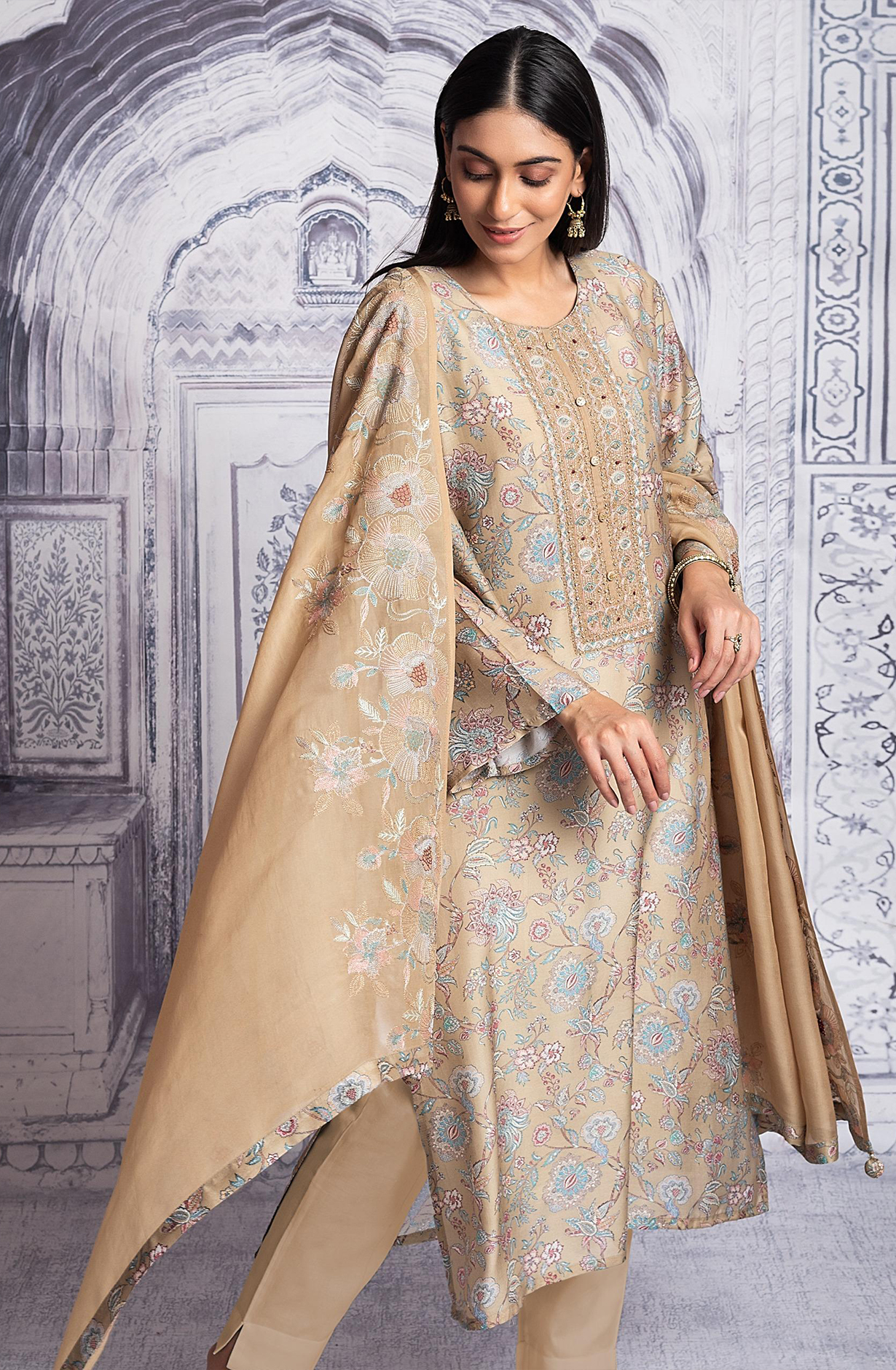 Beige Muslin Printed with Embroidered Unstitched Salwar Kameez - R157-SPR1980A