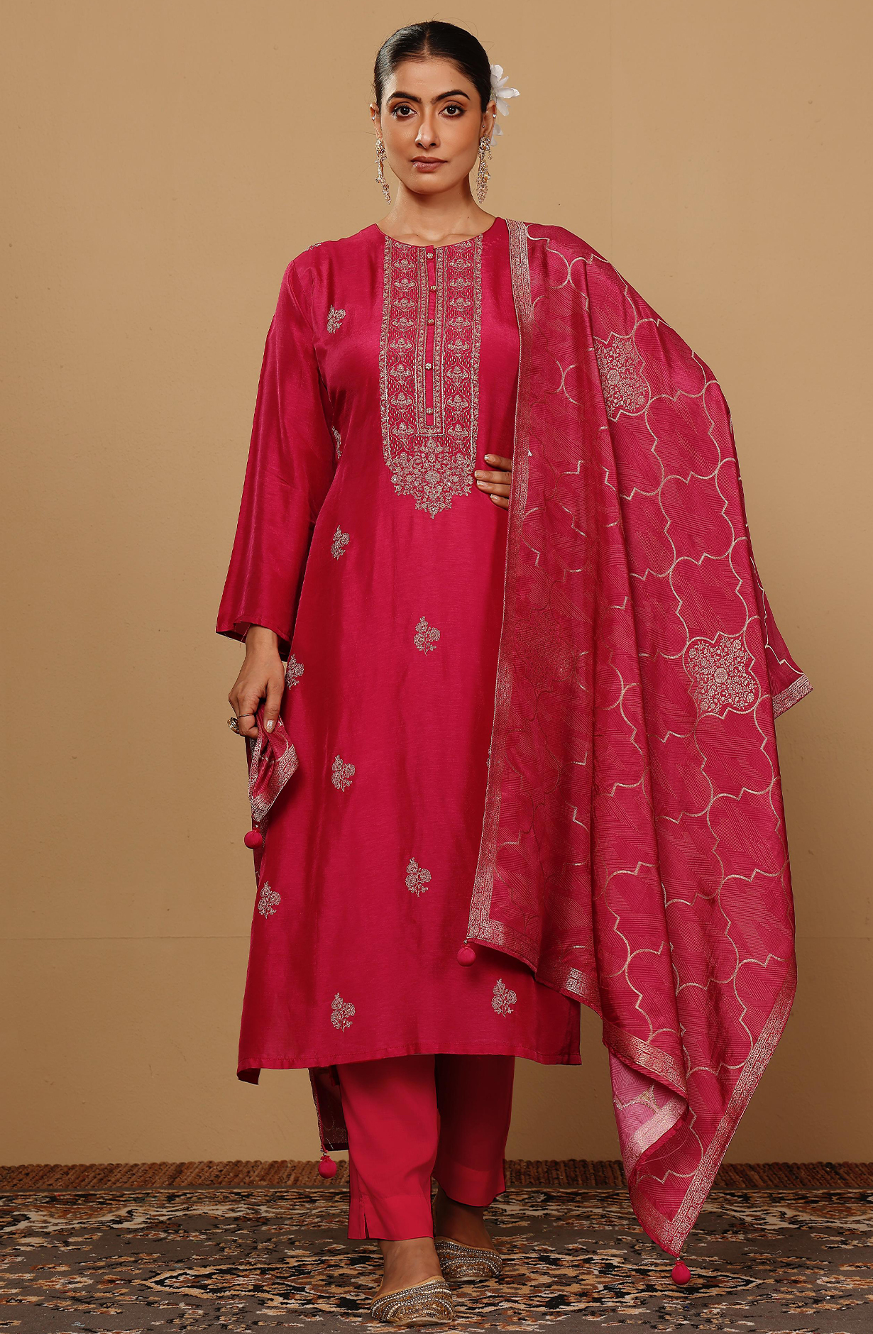 Pink Beautiful Silk Embroidered Unstitched Salwar Suit - R157-SPR1998A