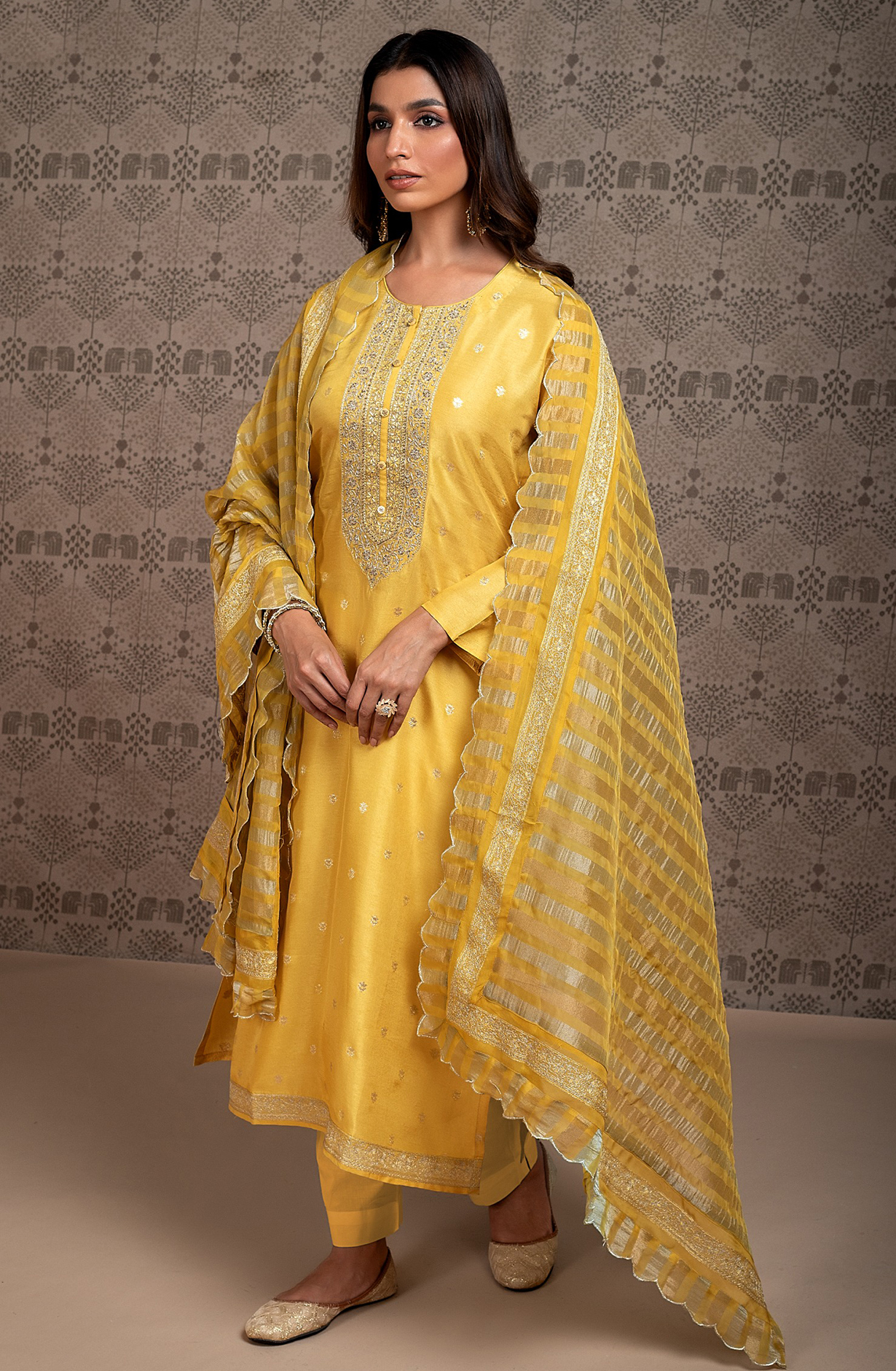 Yellow Beautiful Silk Jacquard Embroidered Unstitched Salwar Kameez - R157-SPR2001A