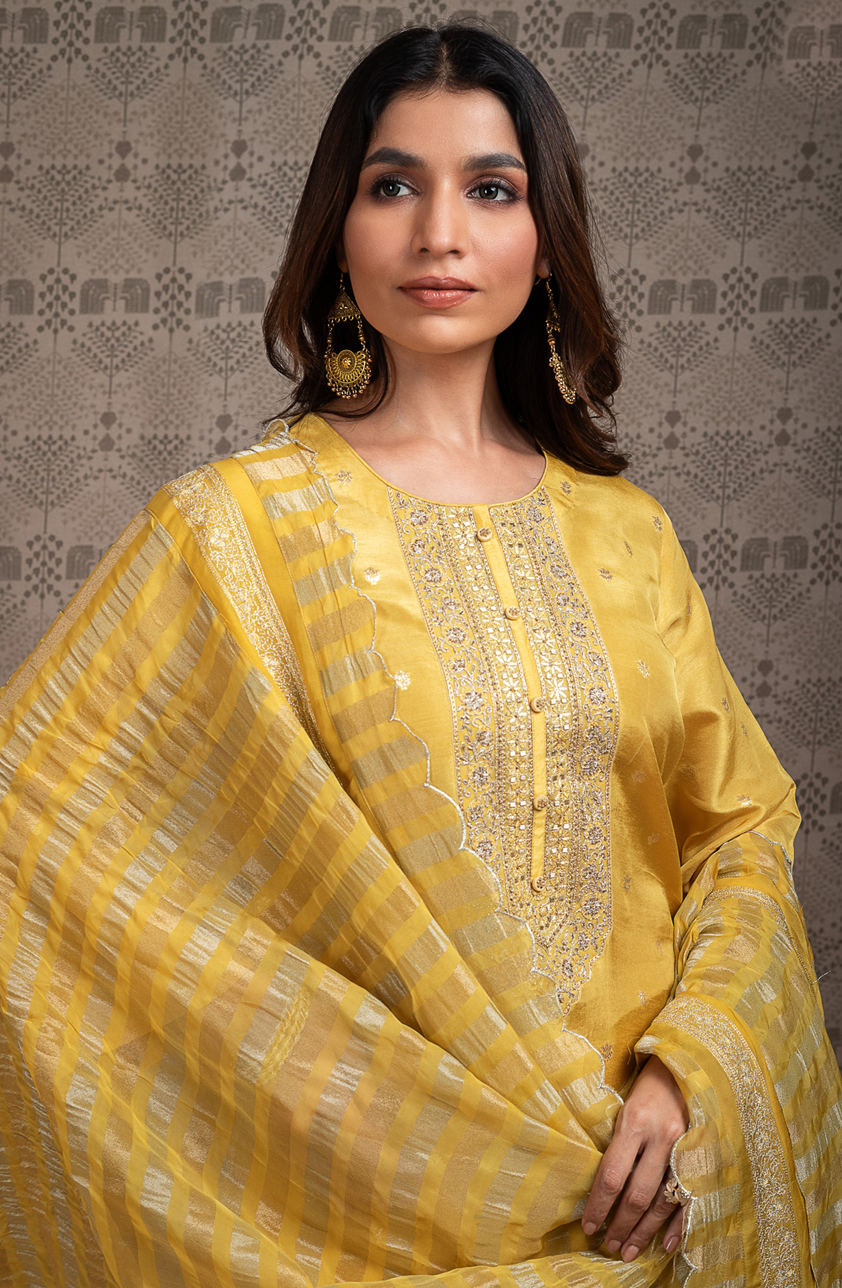 Yellow Beautiful Silk Jacquard Embroidered Unstitched Salwar Kameez - R157-SPR2001A