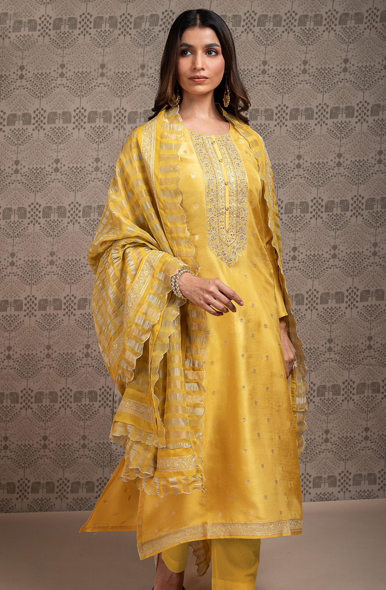 Yellow Beautiful Silk Jacquard Embroidered Unstitched Salwar Kameez - R157-SPR2001A