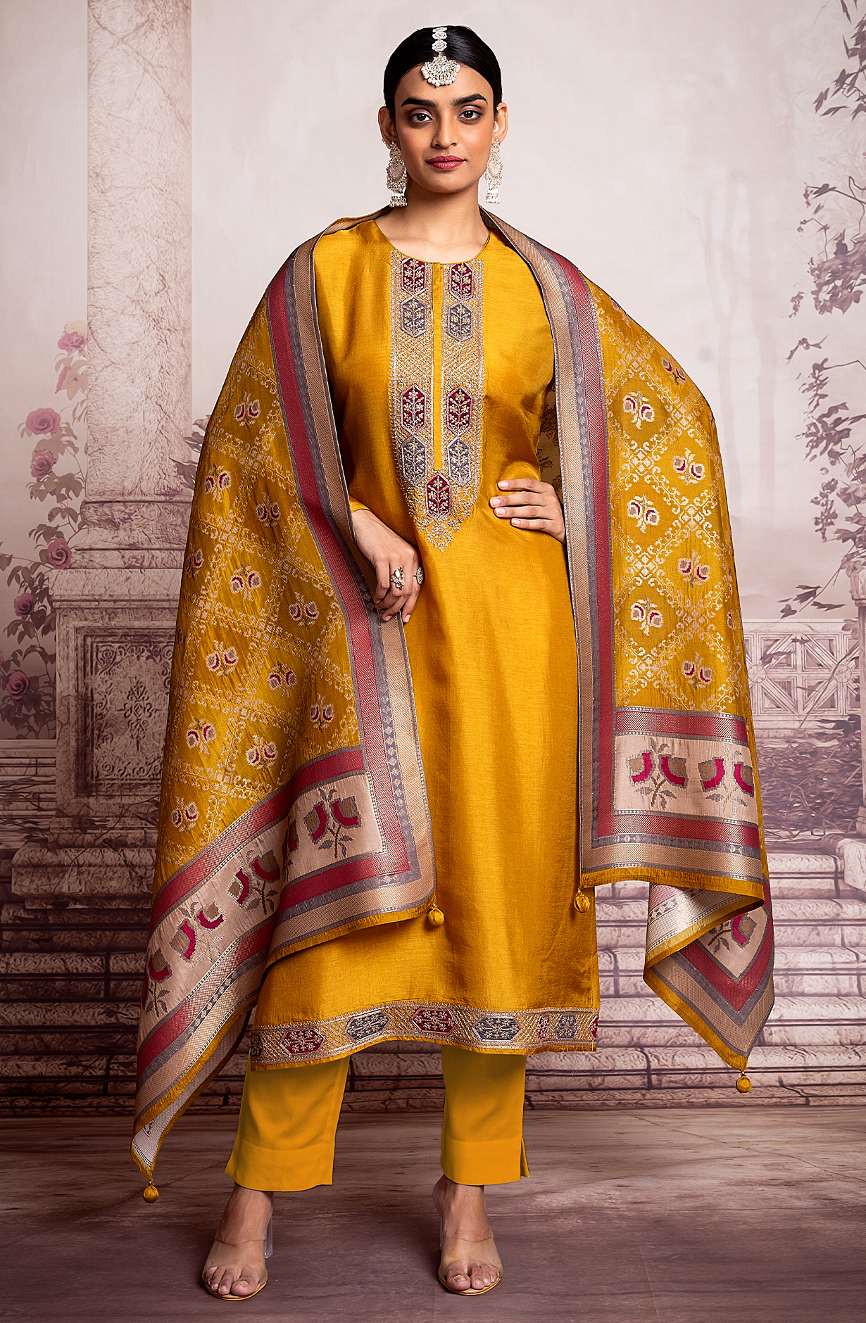 Mustard Yellow Exclusive Silk Unstitched Salwar Kameez - R157-SPR2005A