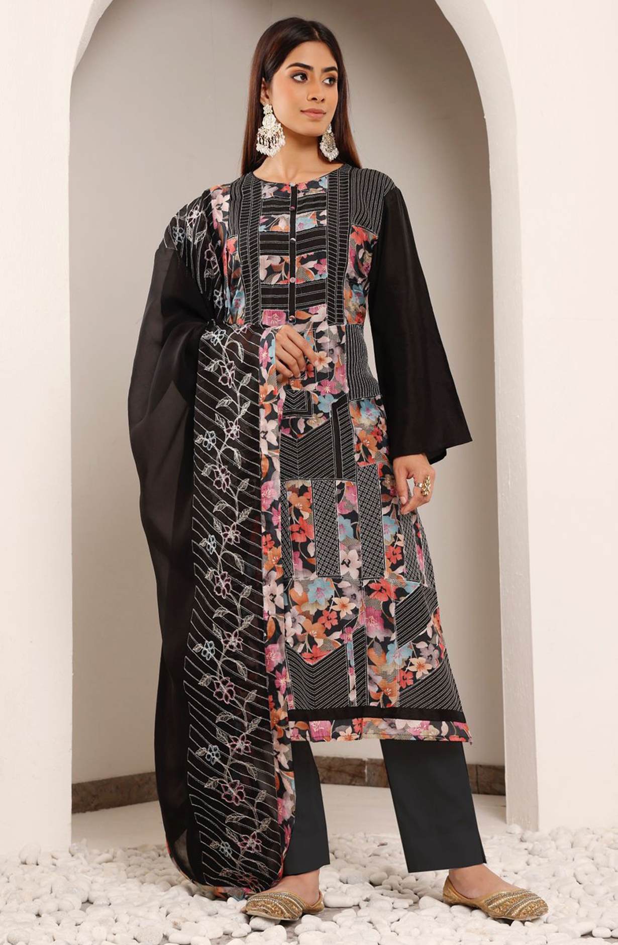 Black Silk Printed Patch Work with Embroidered Salwar Suit with Organza Dupatta - R157-SPR2006