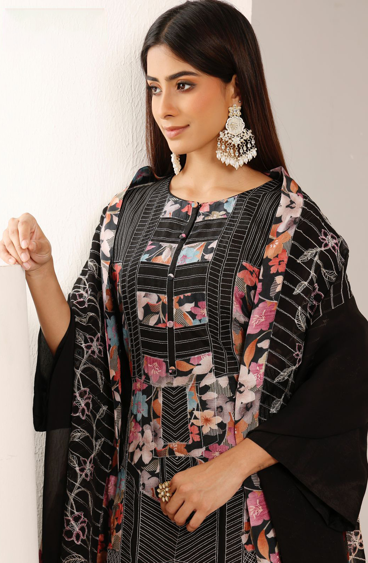 Black Silk Printed Patch Work with Embroidered Salwar Suit with Organza Dupatta - R157-SPR2006
