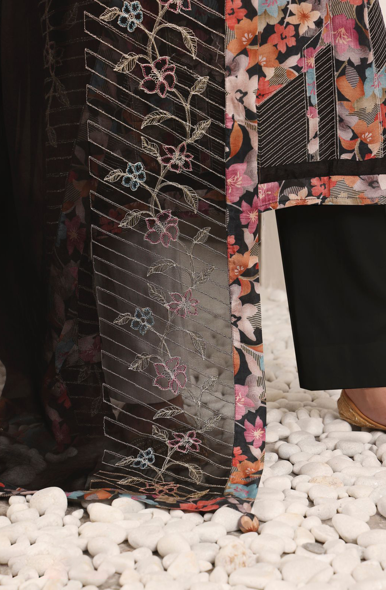 Black Silk Printed Patch Work with Embroidered Salwar Suit with Organza Dupatta - R157-SPR2006