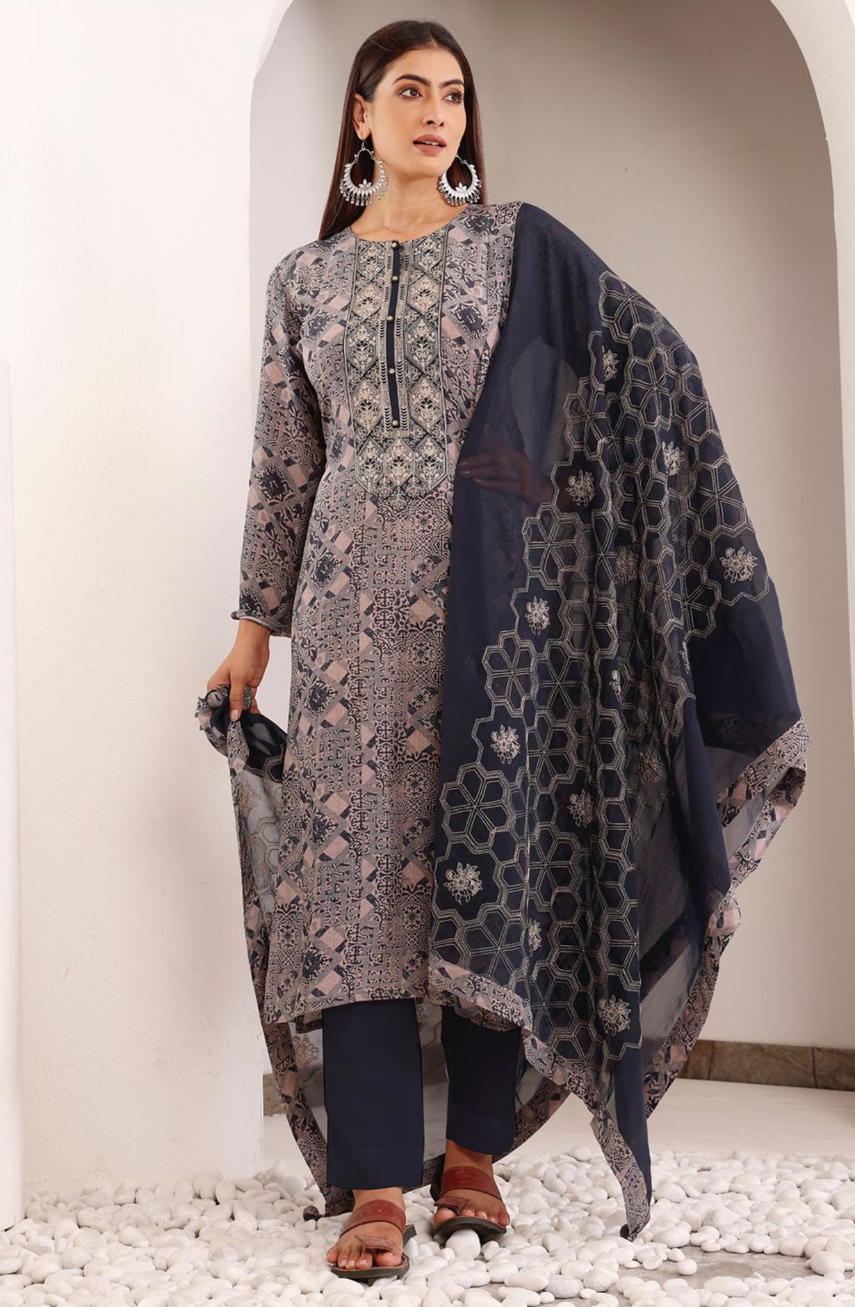 Blue Crepe Printed with Embroidered Unstitched Salwar Suit - R157-SPR2008