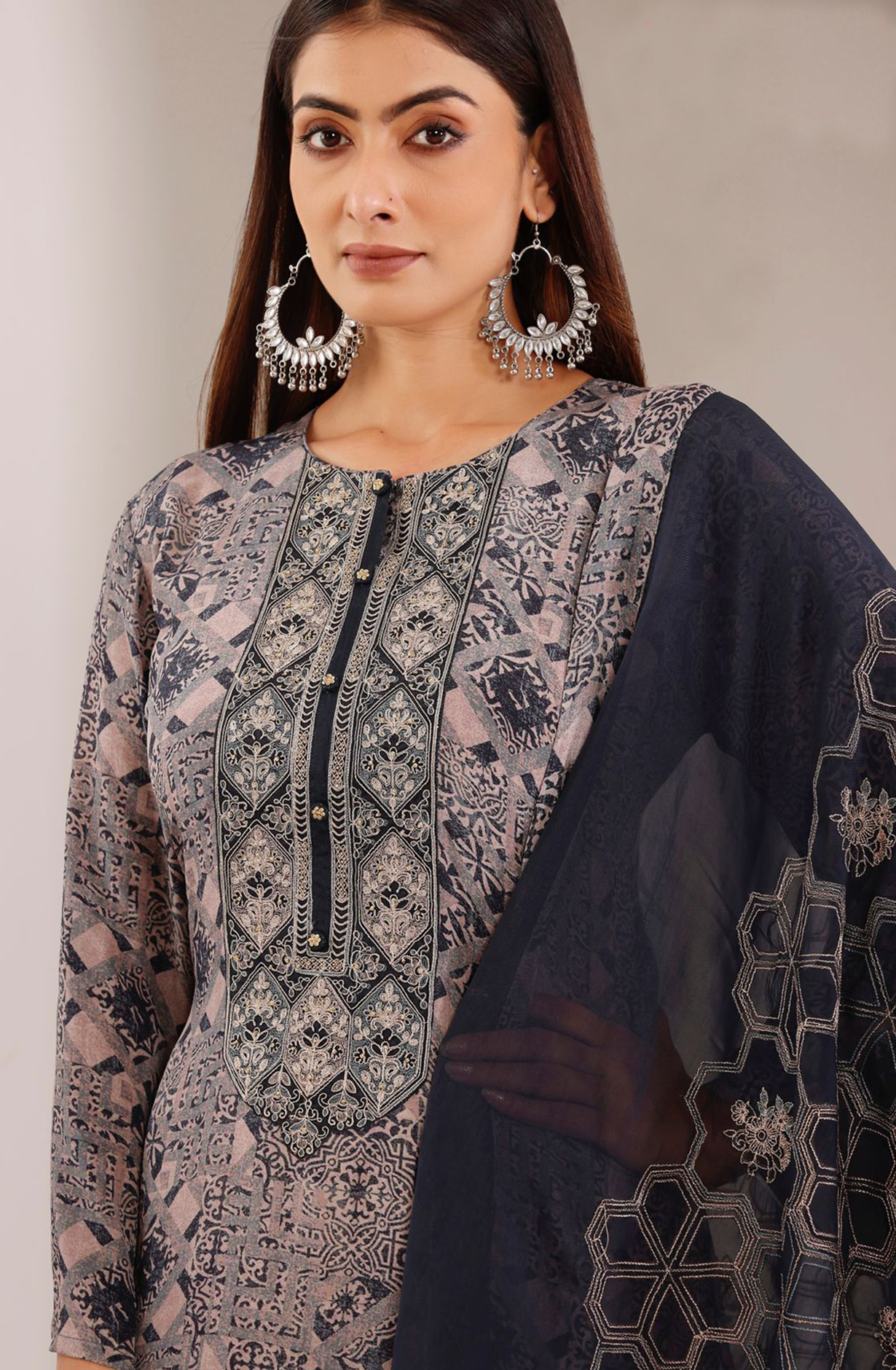 Blue Crepe Printed with Embroidered Unstitched Salwar Suit - R157-SPR2008