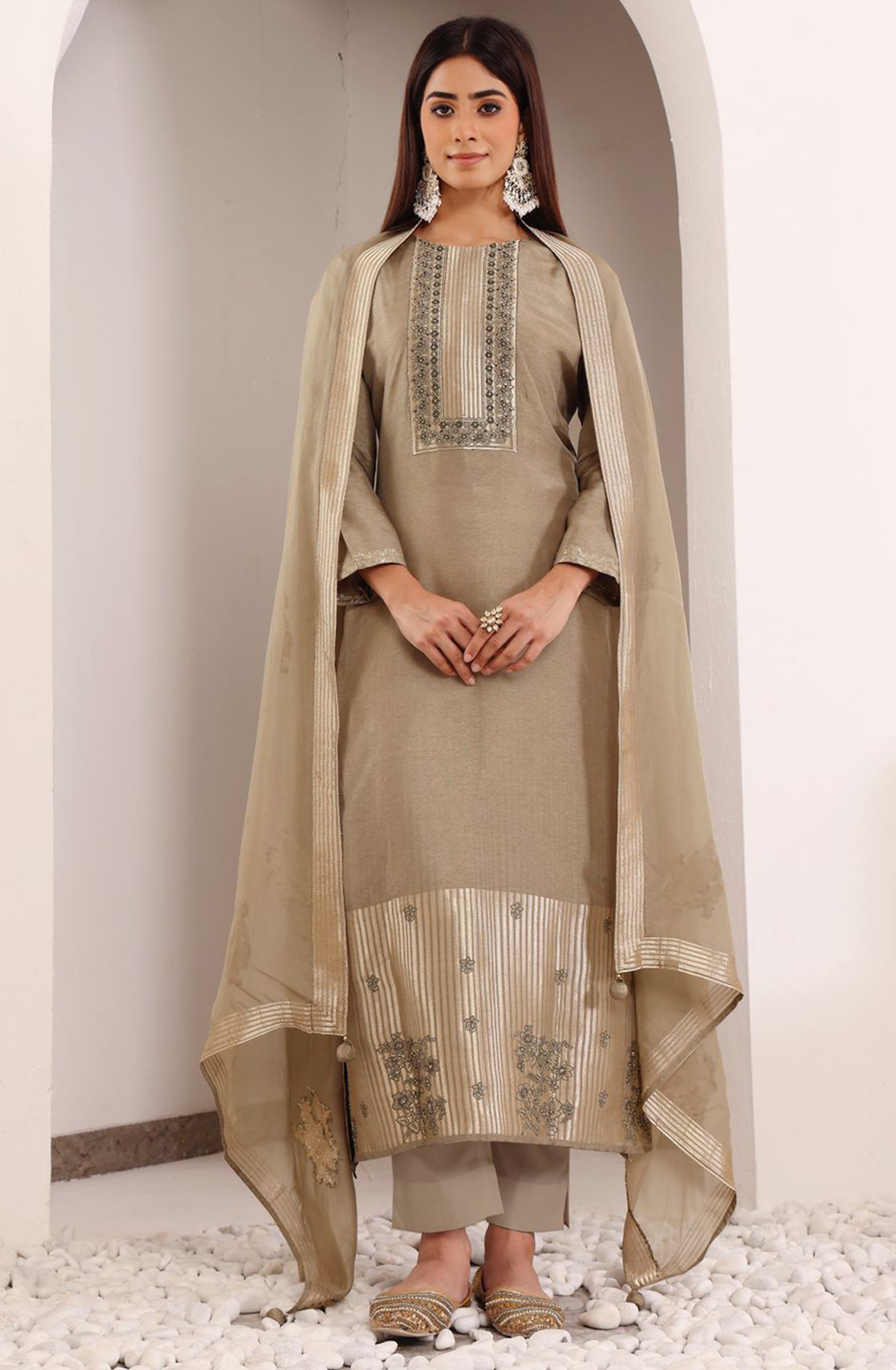 Mehndi Silk Jacquard Handwork Suit with Dupatta- R157-SPR2015B