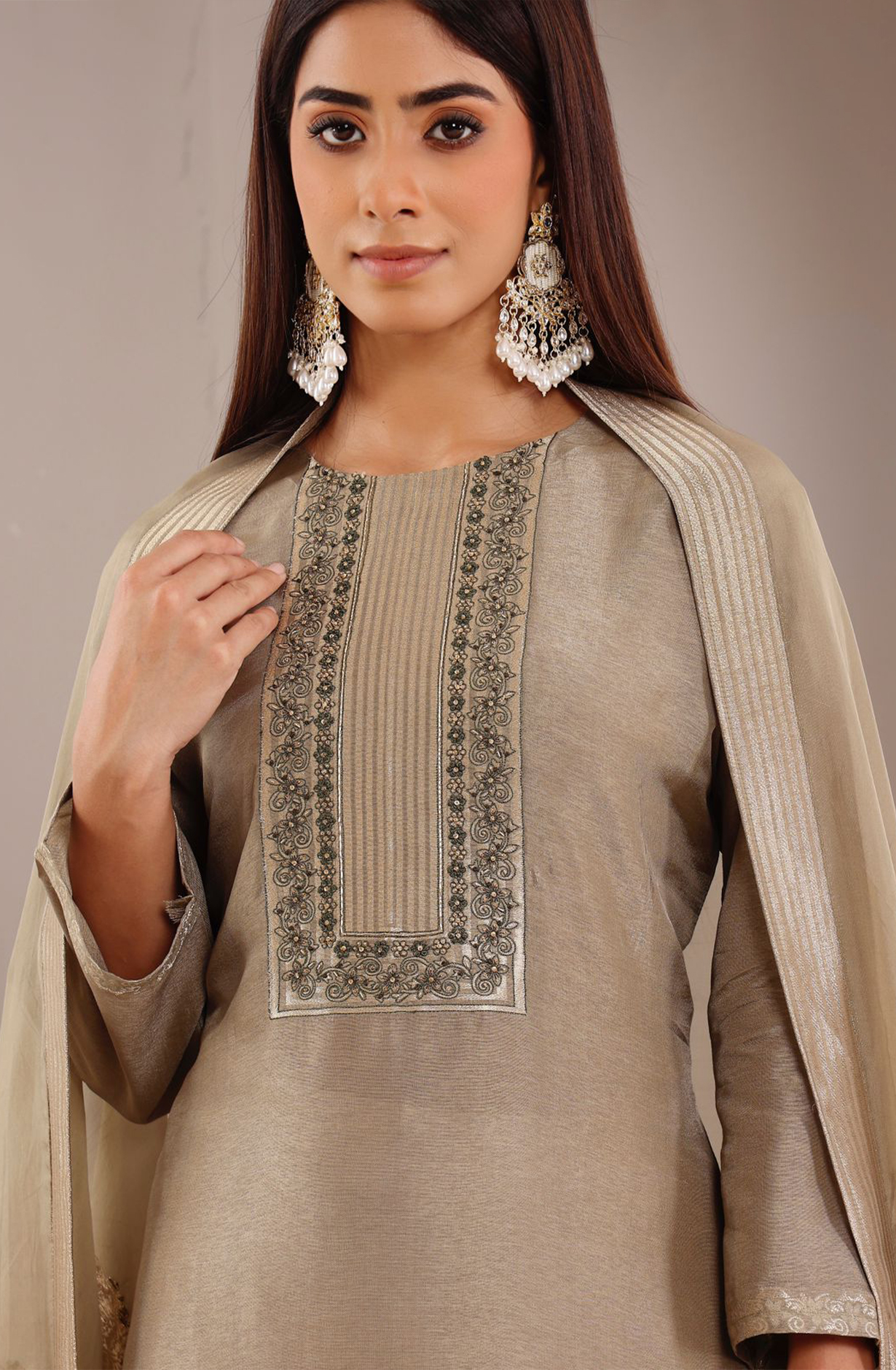 Mehndi Silk Jacquard Handwork Suit  with Dupatta- R157-SPR2015B