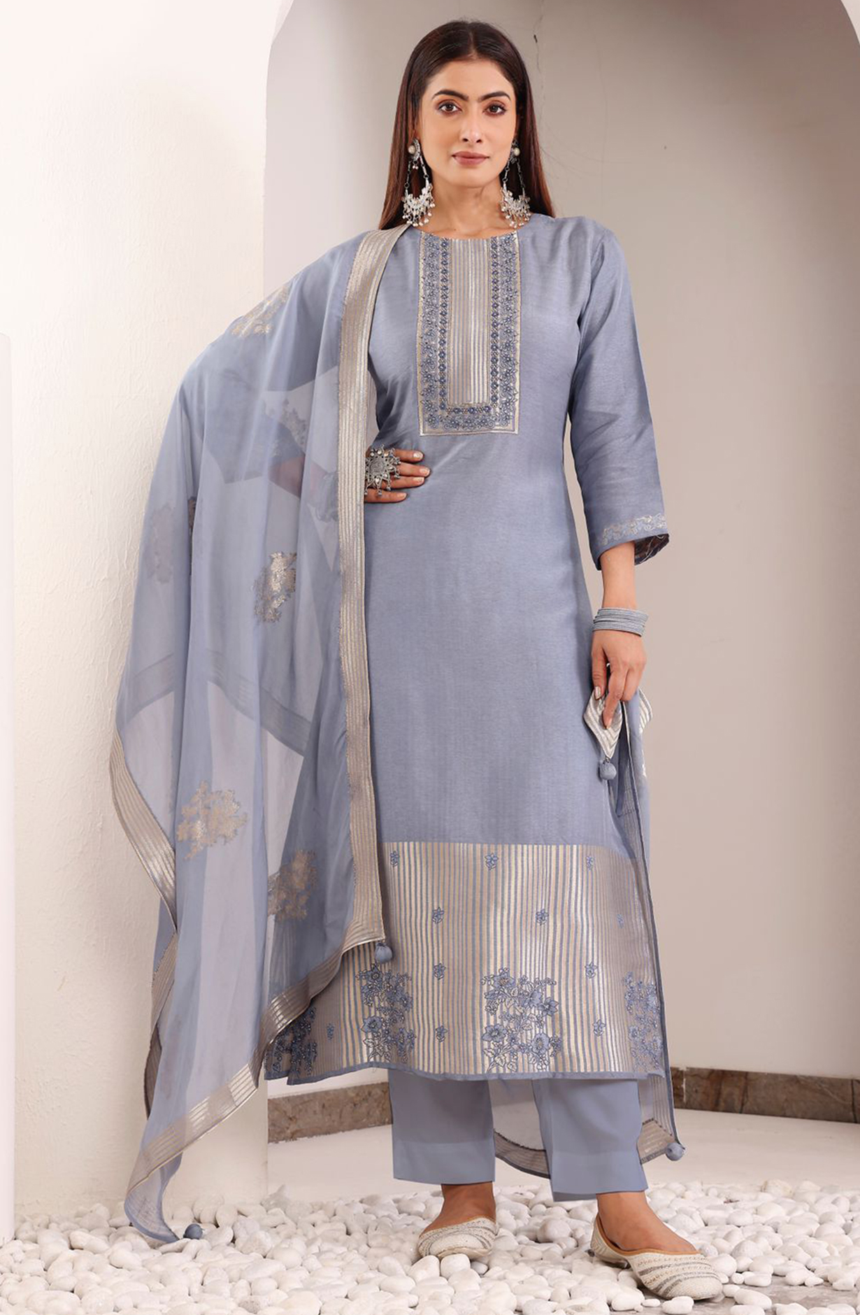 Blue Silk Jacquard Handwork Suit with Dupatta- R157-SPR2015C