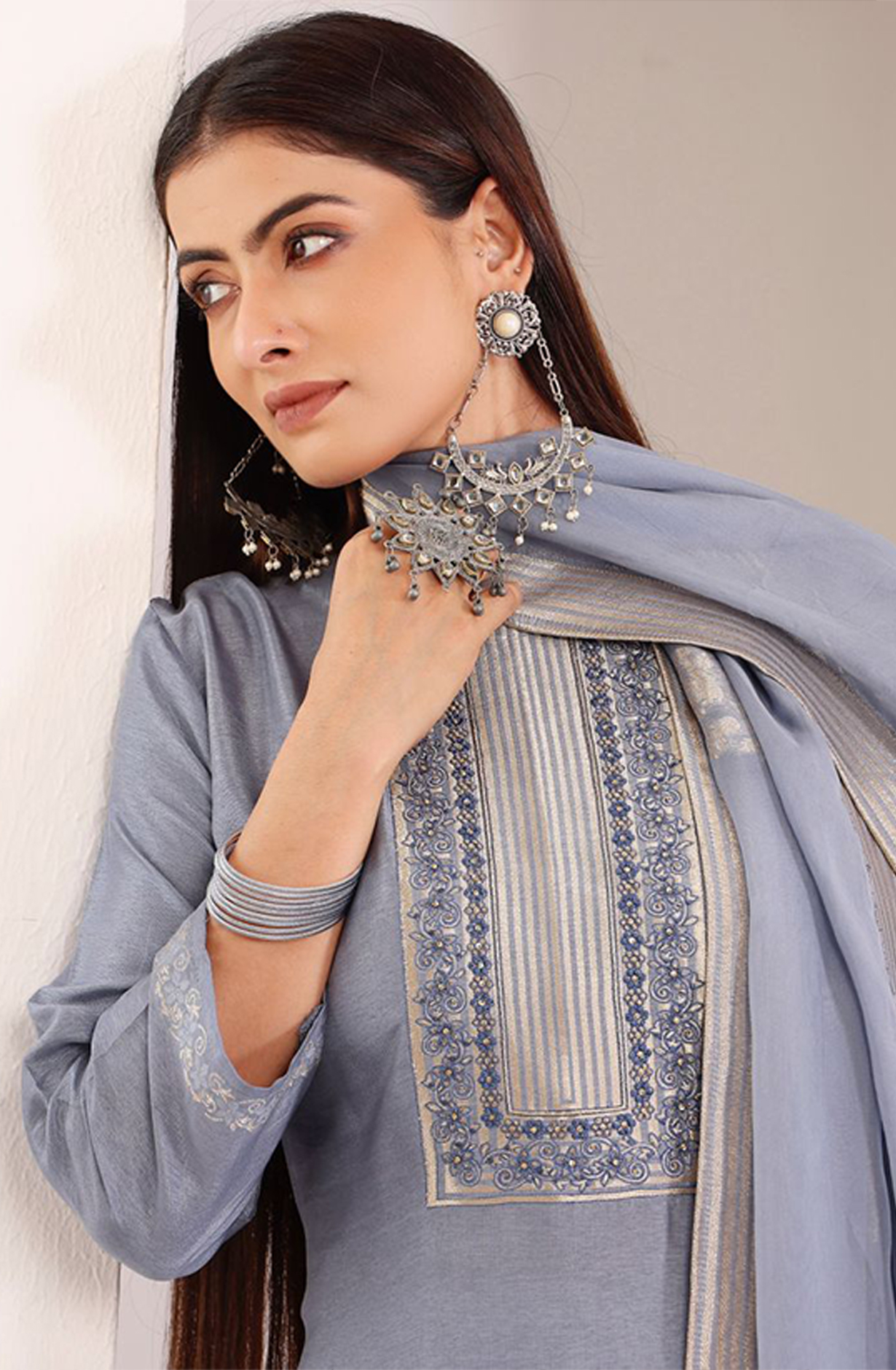 Blue Silk Jacquard Handwork Suit with Dupatta- R157-SPR2015C