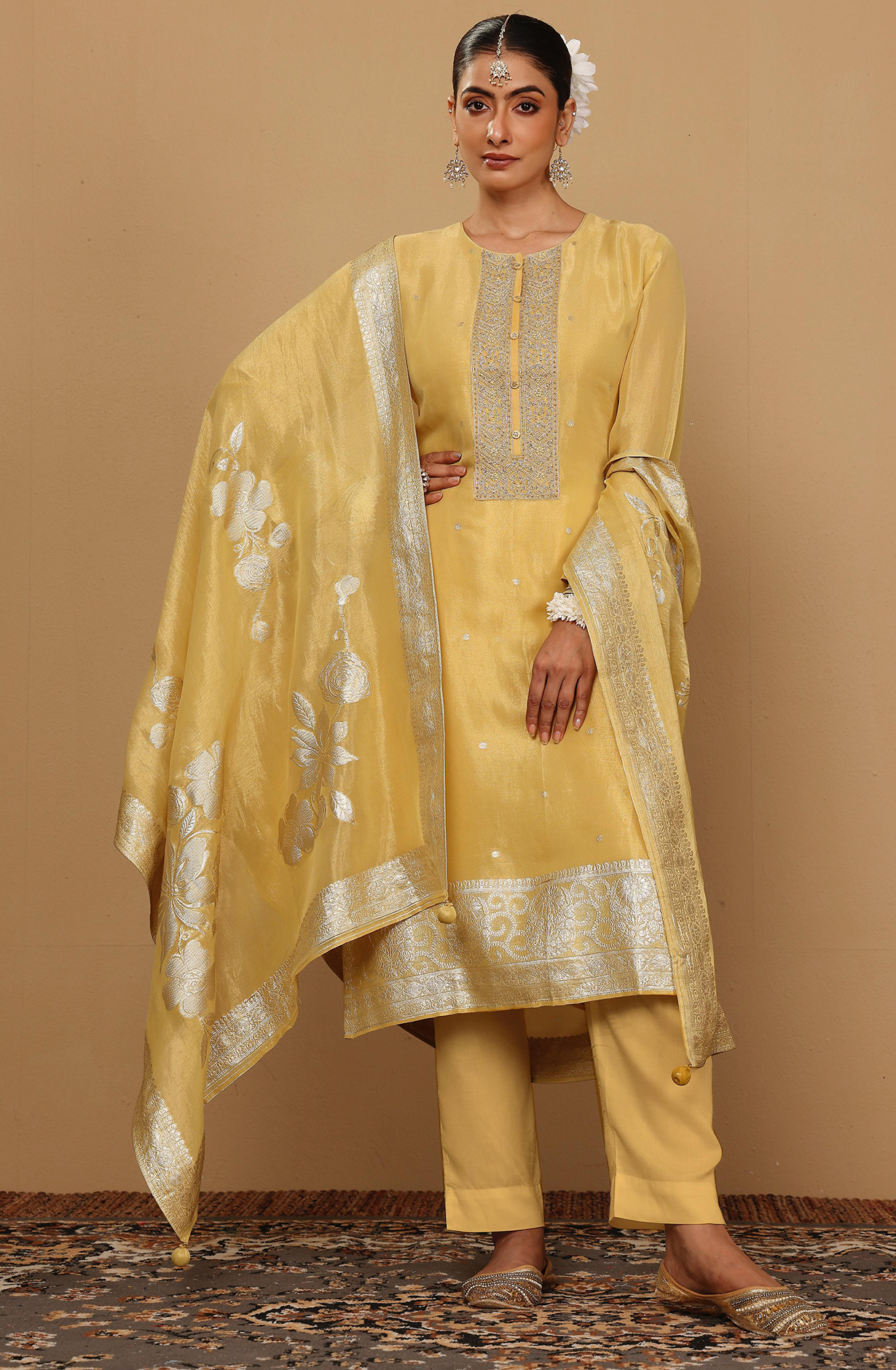 Yellow Exclusive Tissue Silk Unstitched Salwar Kameez - R157-SPR2021