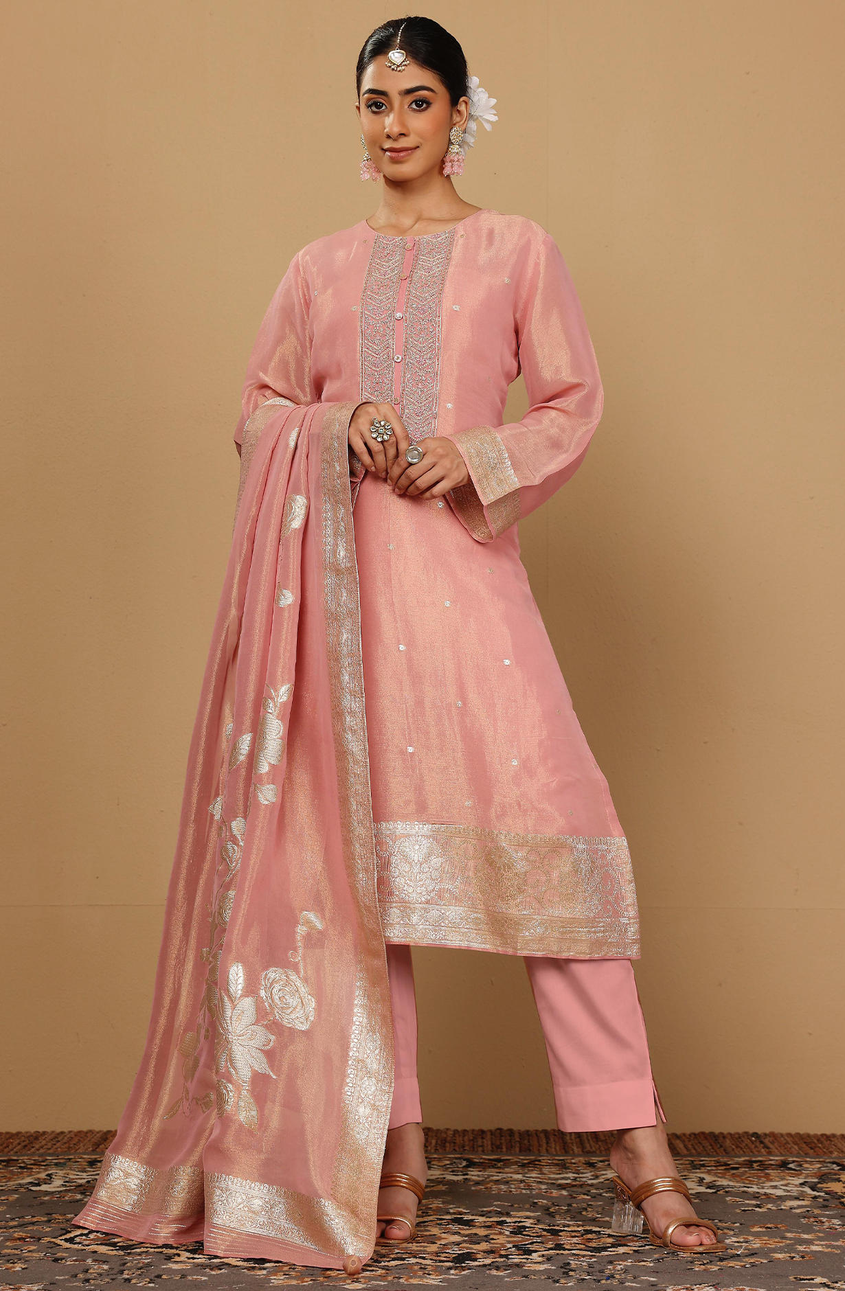 Pink Exclusive Tissue Silk Unstitched Salwar Kameez - R157-SPR2021A