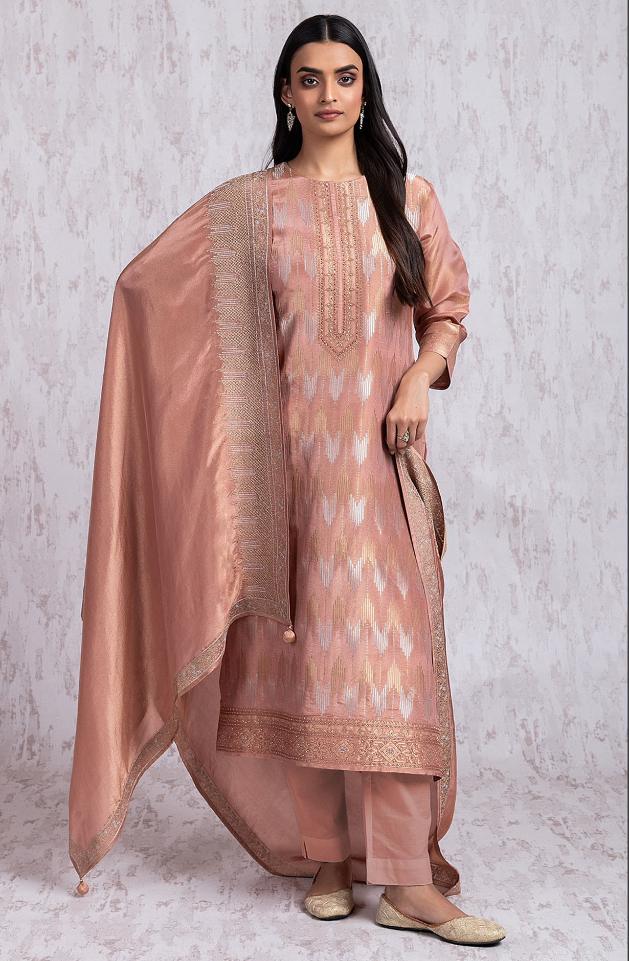 Peach Silk Jacquard Handwork Suit with Dupatta- R157-SPR2032A