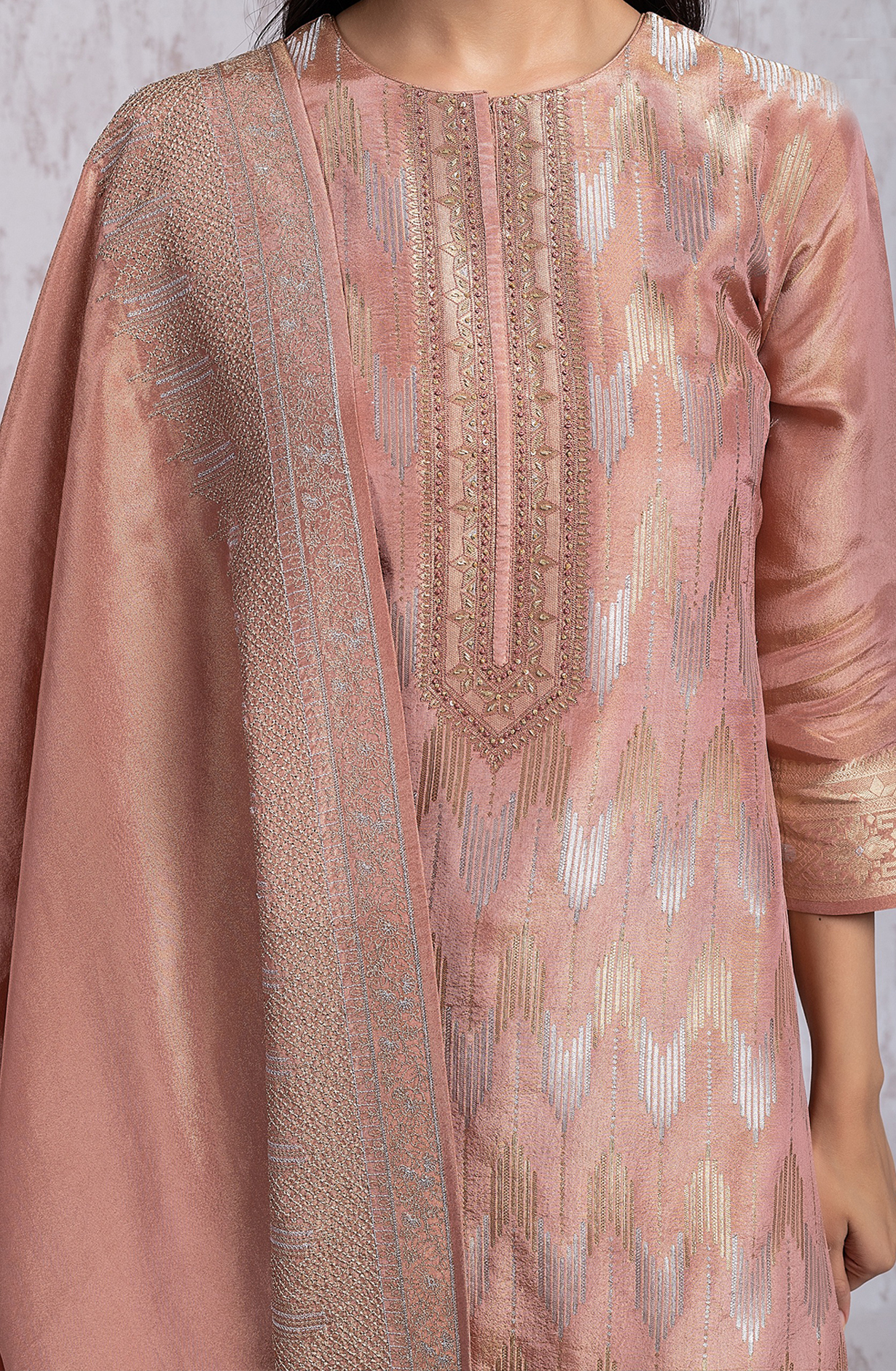 Peach Silk Jacquard Handwork Suit with Dupatta- R157-SPR2032A