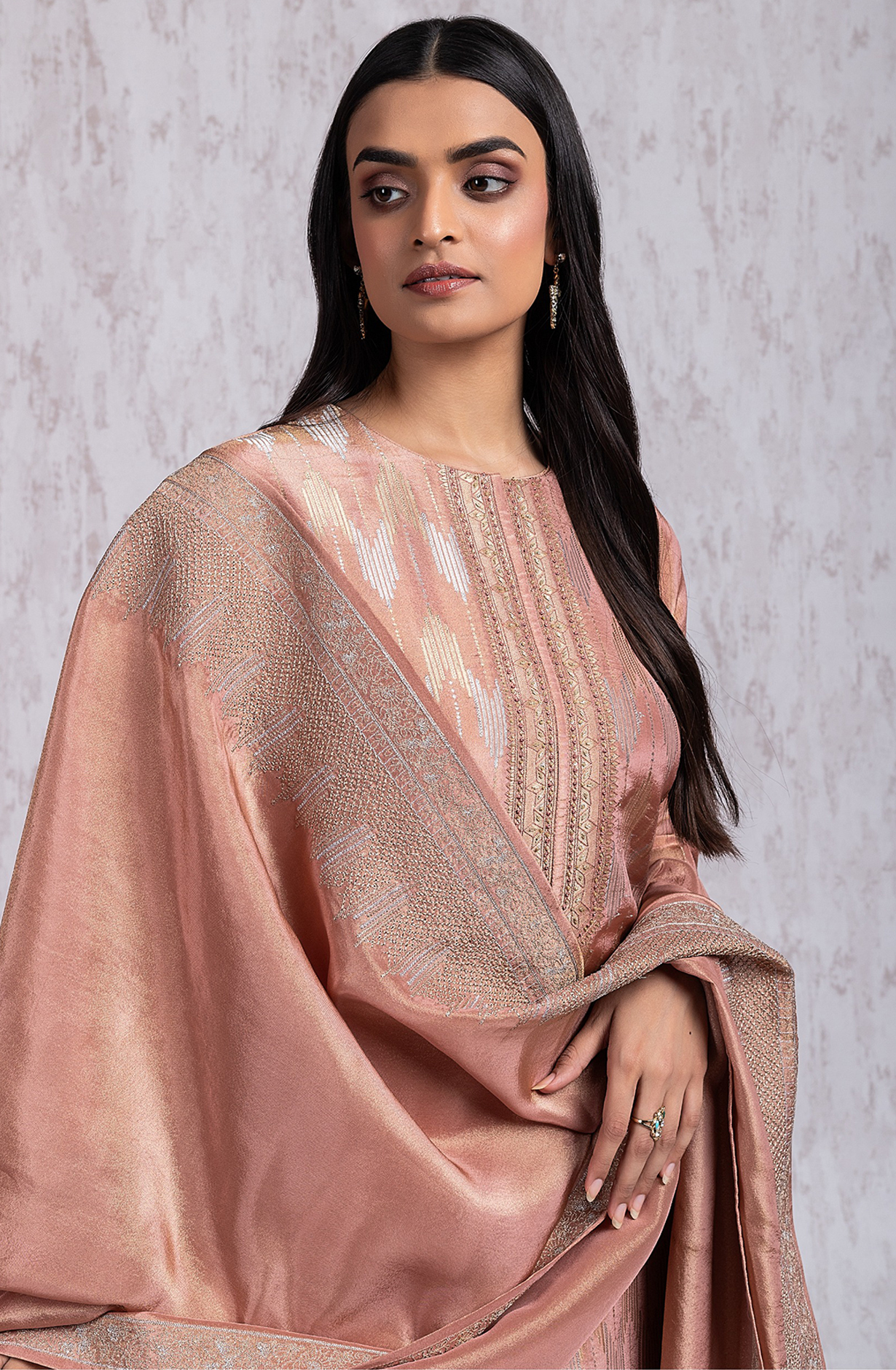 Peach Silk Jacquard Handwork Suit with Dupatta- R157-SPR2032A