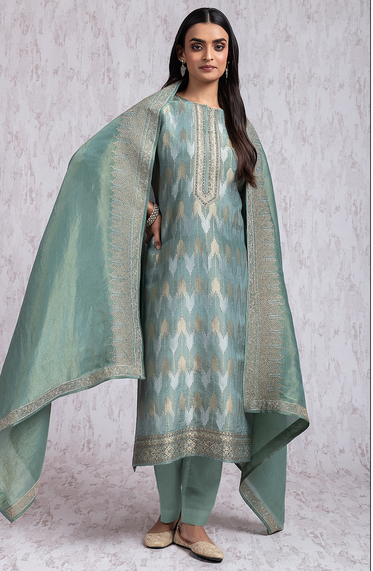 Pastel Green Silk Jacquard Handwork Suit with Dupatta- R157-SPR2032B