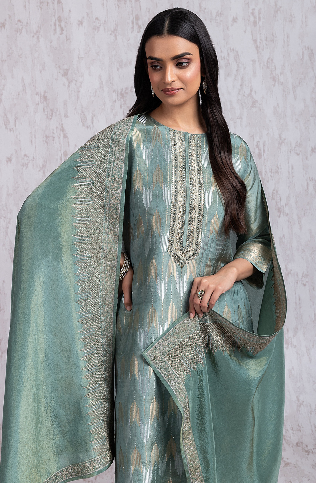 Pastel Green Silk Jacquard Handwork Suit with Dupatta- R157-SPR2032B