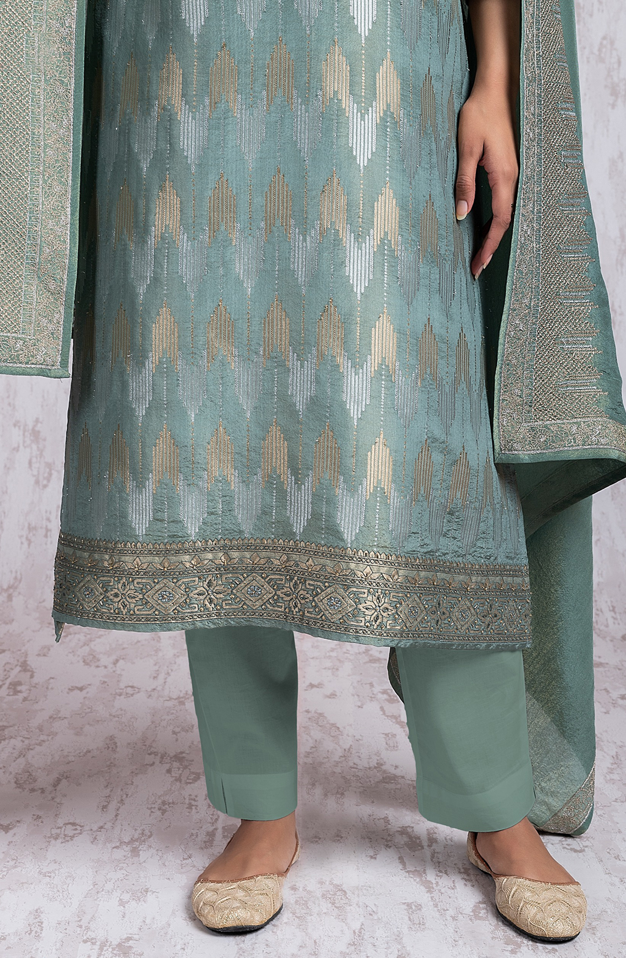 Pastel Green Silk Jacquard Handwork Suit with Dupatta- R157-SPR2032B