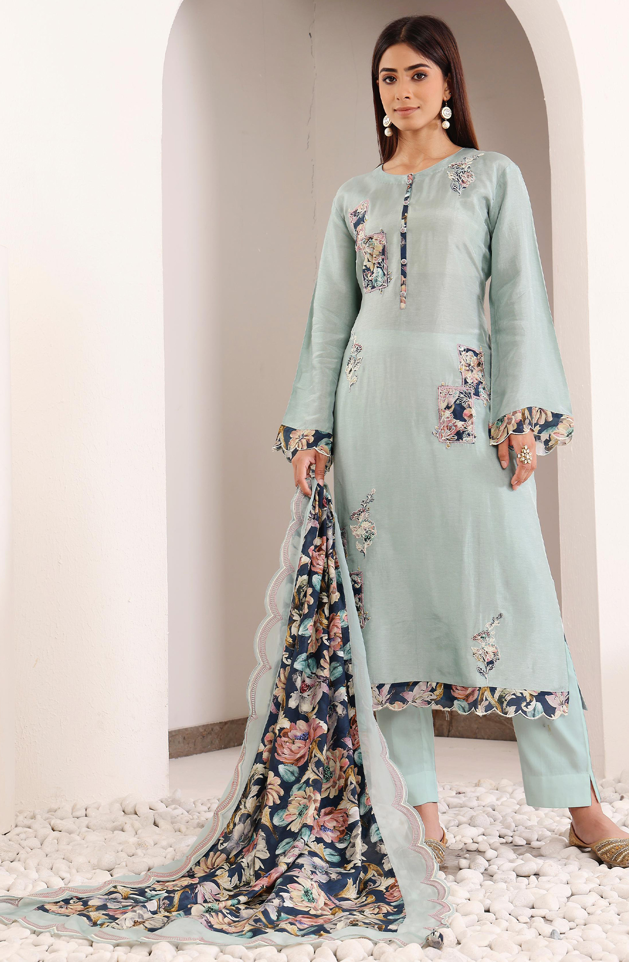 Sea Green Silk Patch Work Printed Salwar Suit with Muslin Dupatta - R157-SPR2024