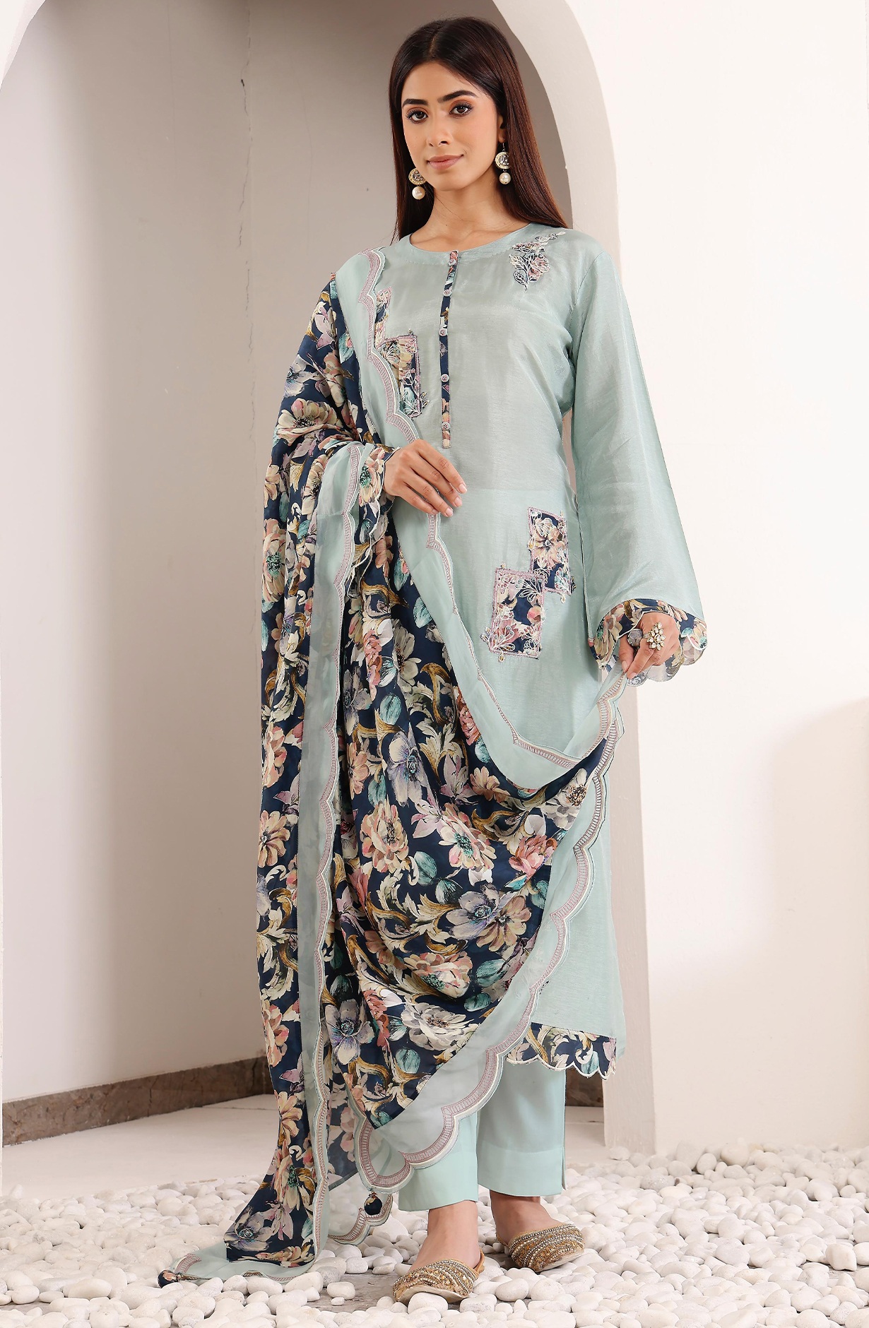 Sea Green Silk Patch Work Printed Salwar Suit with Muslin Dupatta - R157-SPR2024