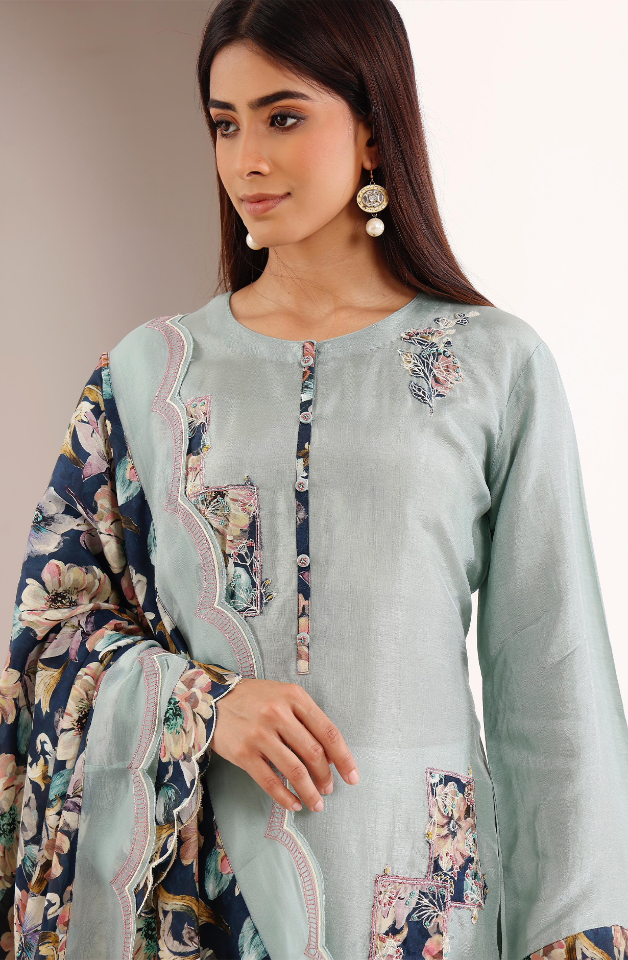 Sea Green Silk Patch Work Printed Salwar Suit with Muslin Dupatta - R157-SPR2024
