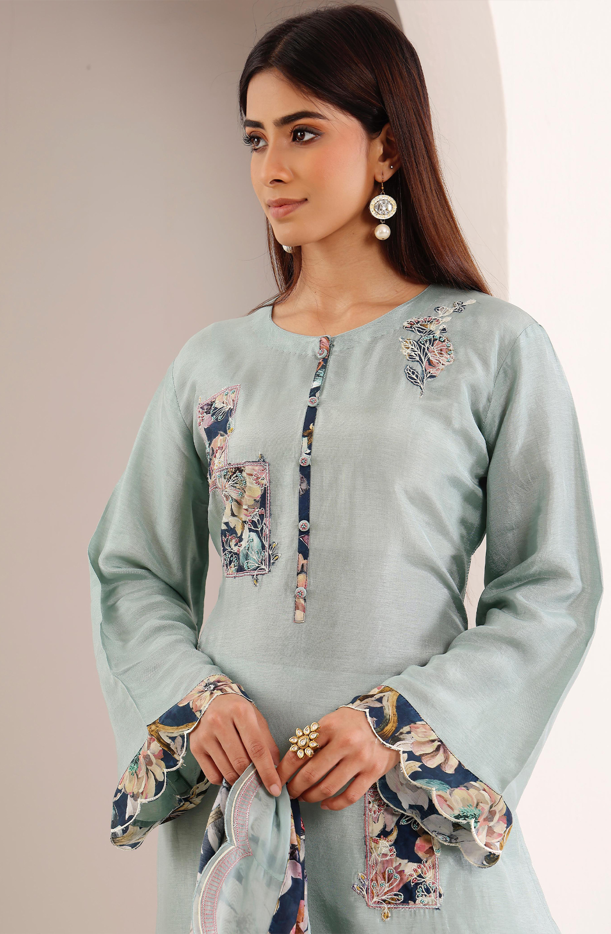 Sea Green Silk Patch Work Printed Salwar Suit with Muslin Dupatta - R157-SPR2024