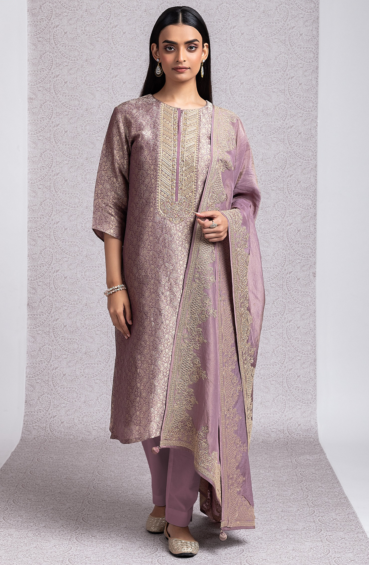Mauve Silk Jacquard and Handwork Suit with Dupatta- R157-SPR2026B