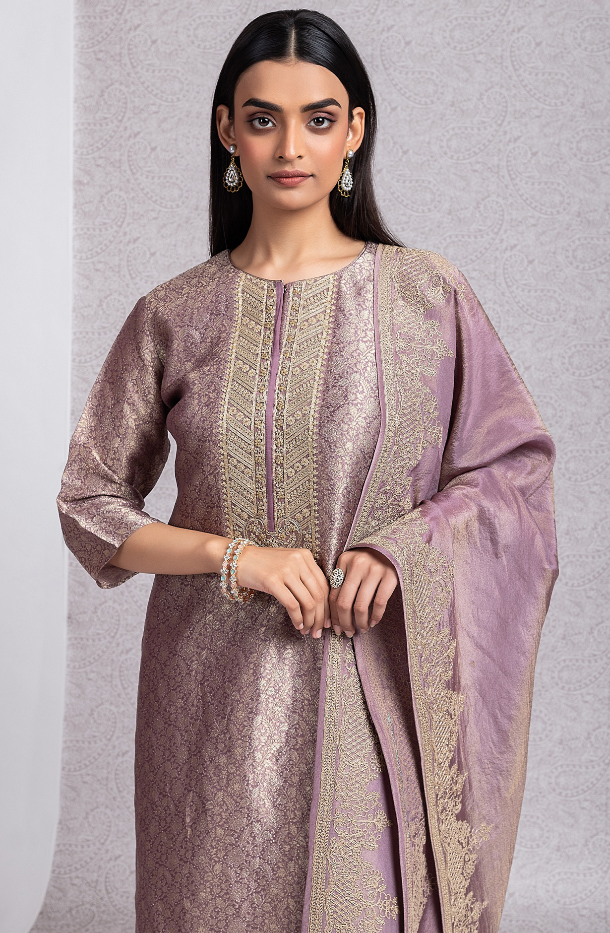 Mauve Silk Jacquard and Handwork Suit with Dupatta- R157-SPR2026B