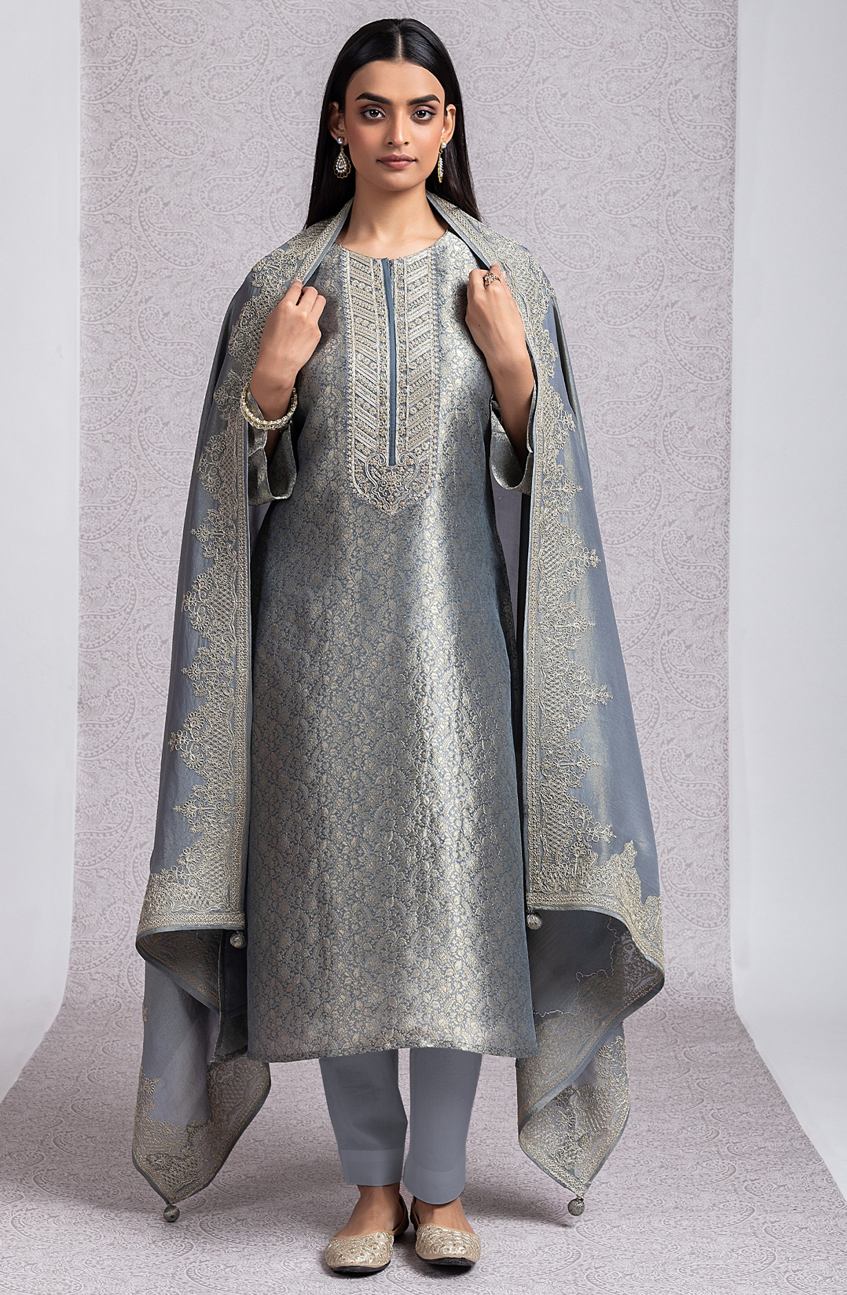 Pastel Blue Silk Jacquard and Handwork Suit with Dupatta- R157-SPR2026A