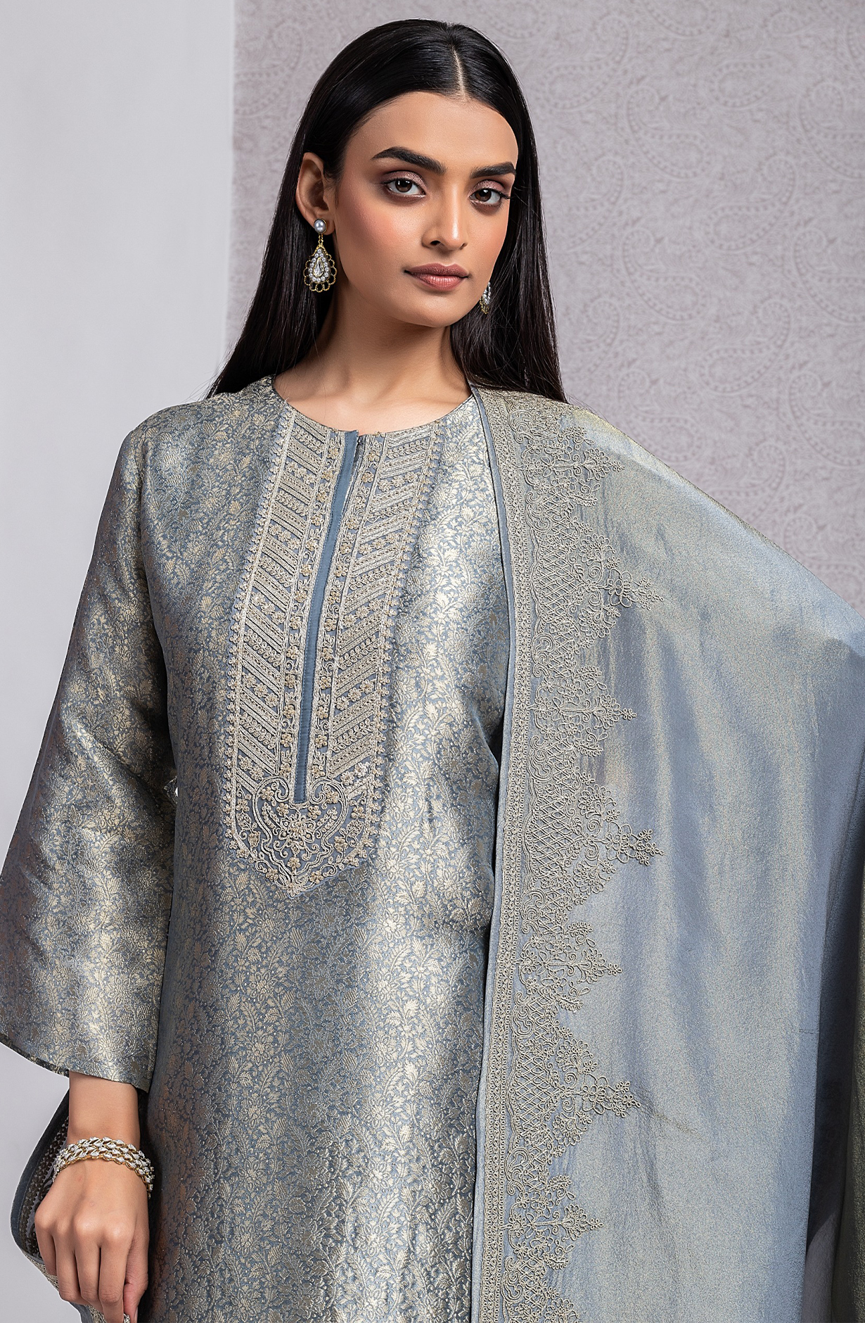 Pastel Blue Silk Jacquard and Handwork Suit with Dupatta- R157-SPR2026A
