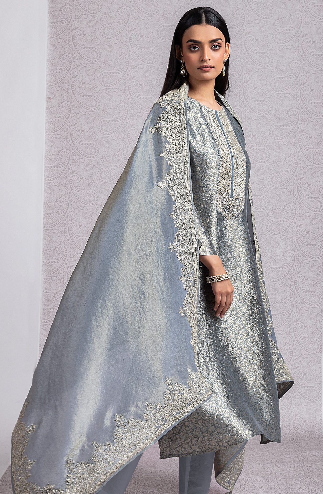 Pastel Blue Silk Jacquard and Handwork Suit with Dupatta- R157-SPR2026A