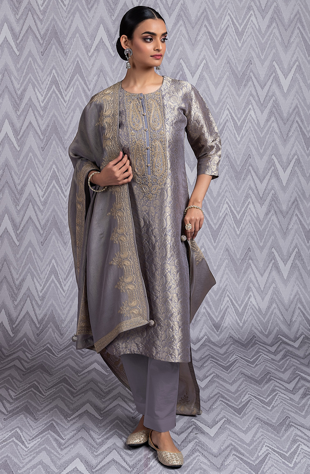 Grey Silk Jacquard Handwork Suit with Dupatta- R157-SPR2027B