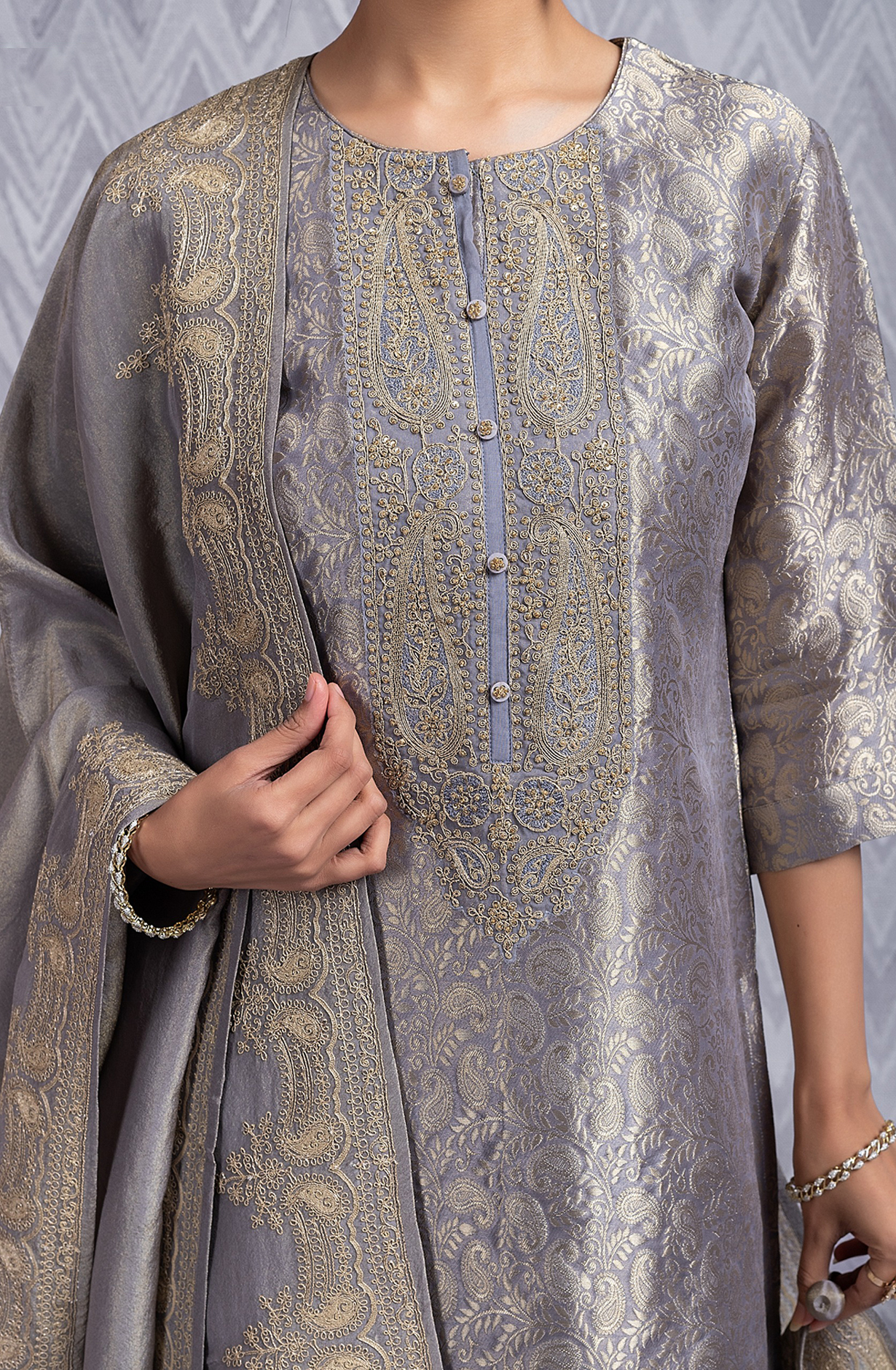 Grey Silk Jacquard Handwork Suit with Dupatta- R157-SPR2027B